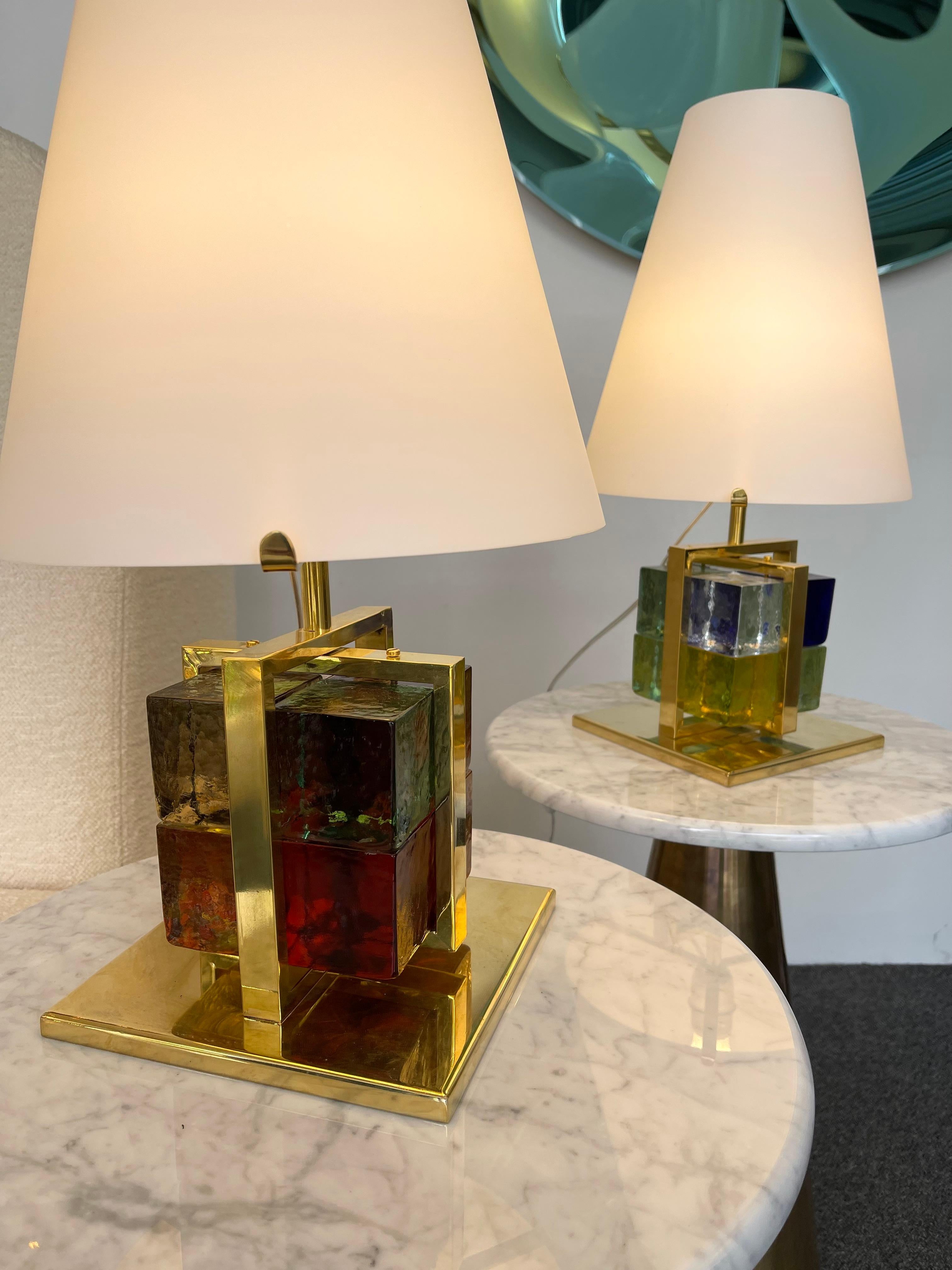 Italian Contemporary Pair of Lamps Brass Cage Murano Glass Cube, Italy For Sale