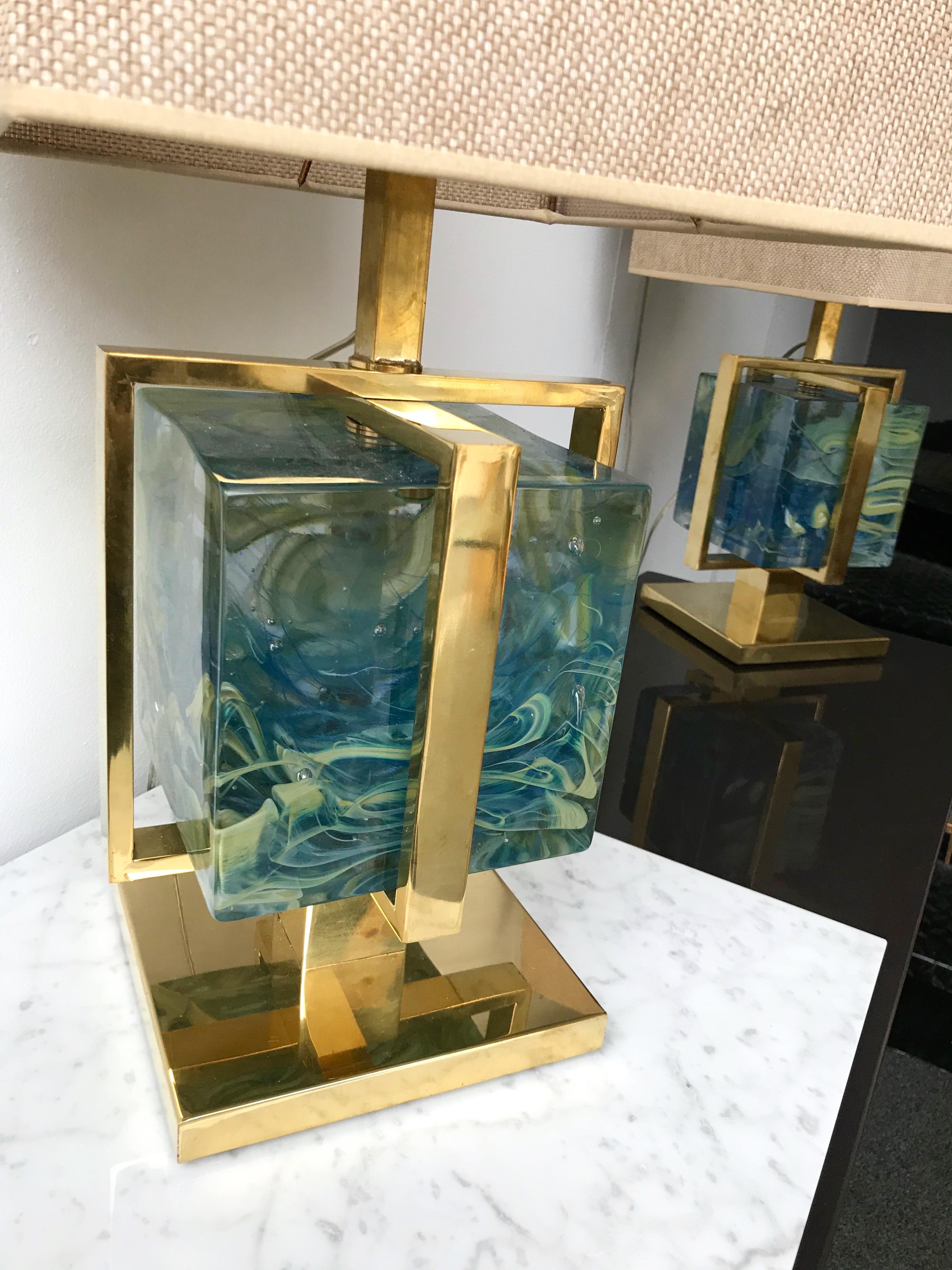 Contemporary Pair of Lamps Brass Cage Murano Glass Cube, Italy In New Condition In SAINT-OUEN, FR