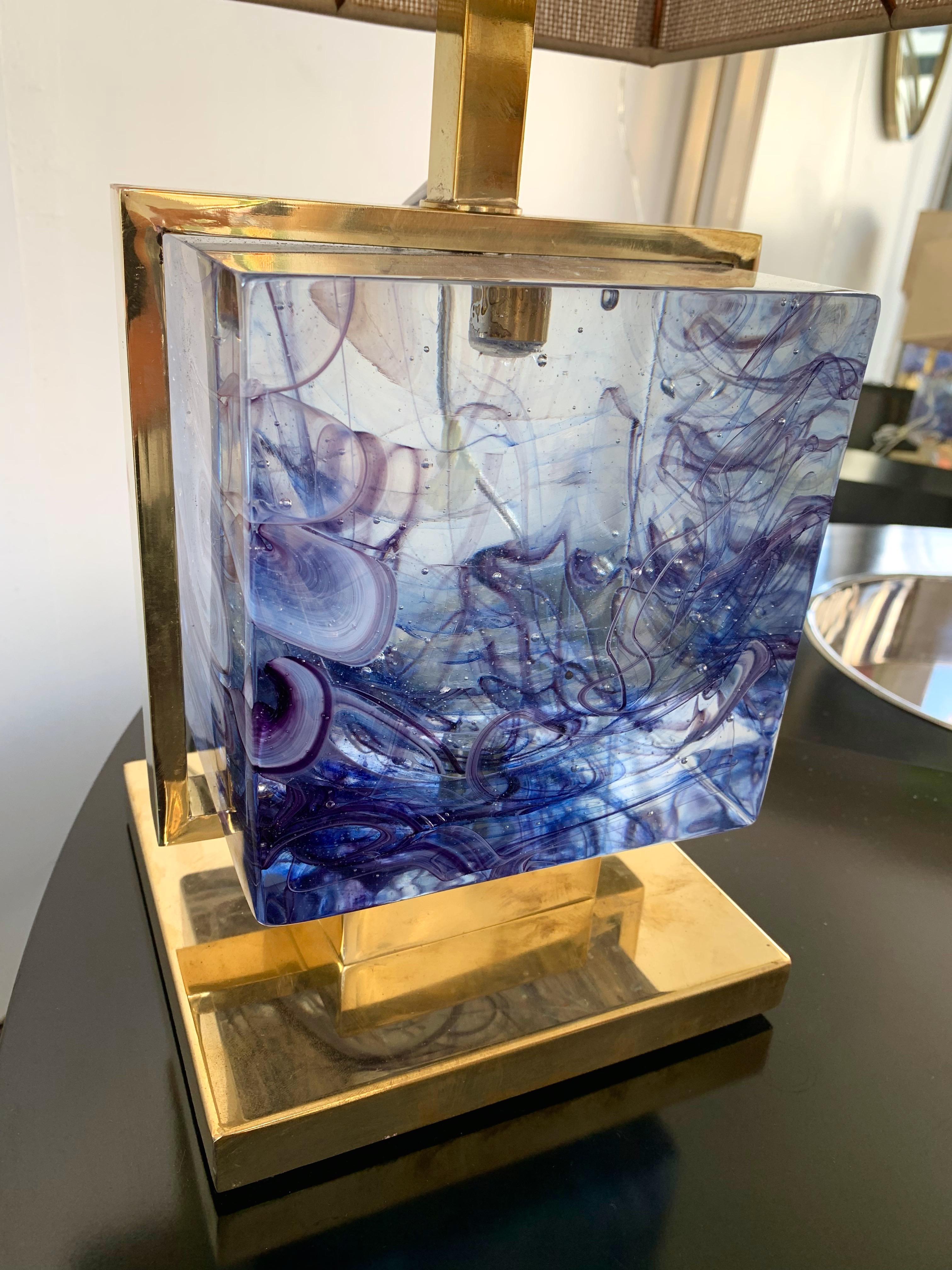 Contemporary Pair of Lamps Brass Cage Murano Glass Cube, Italy In New Condition In SAINT-OUEN, FR