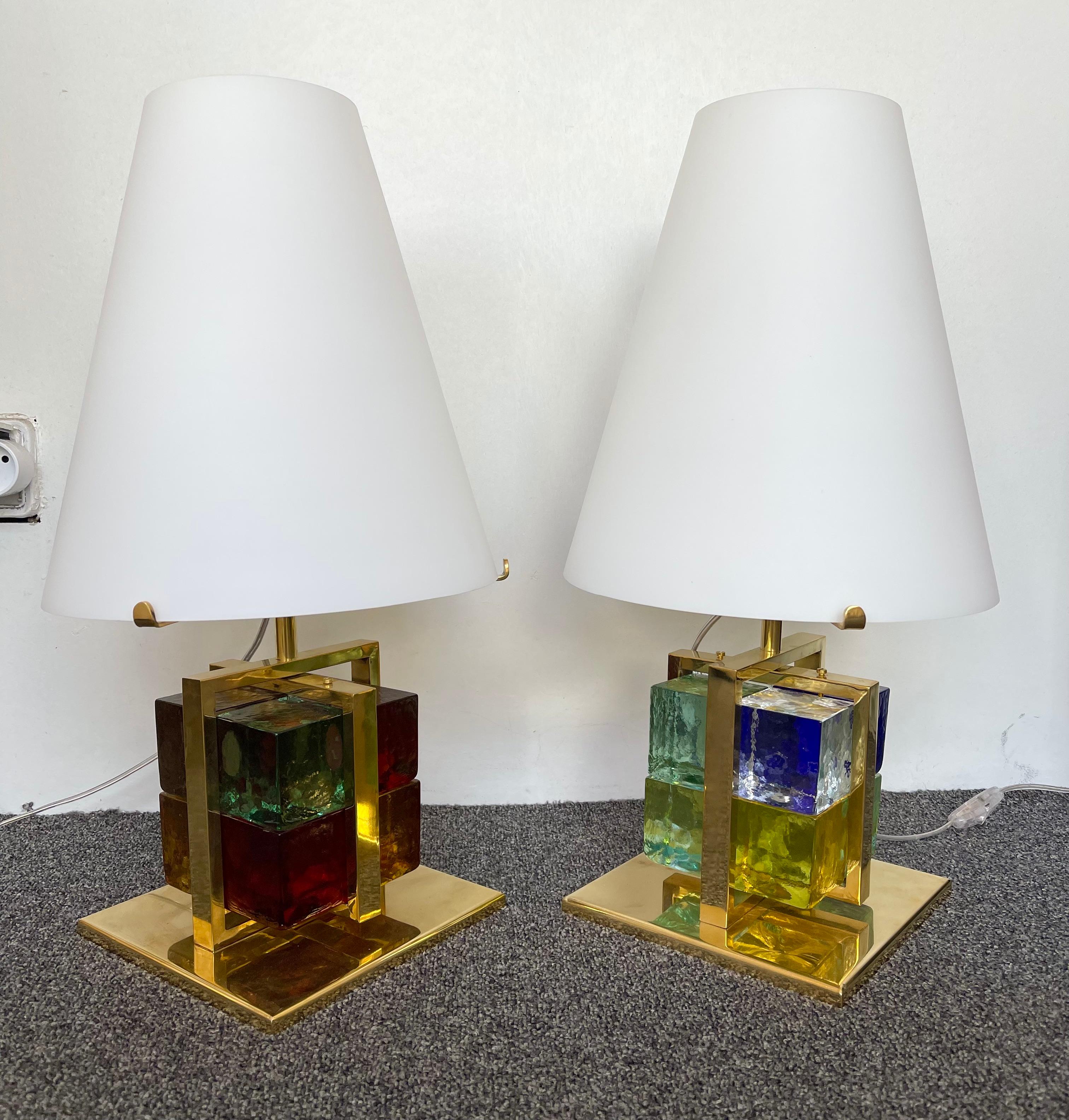 Pressed Contemporary Pair of Lamps Brass Cage Murano Glass Cube, Italy For Sale