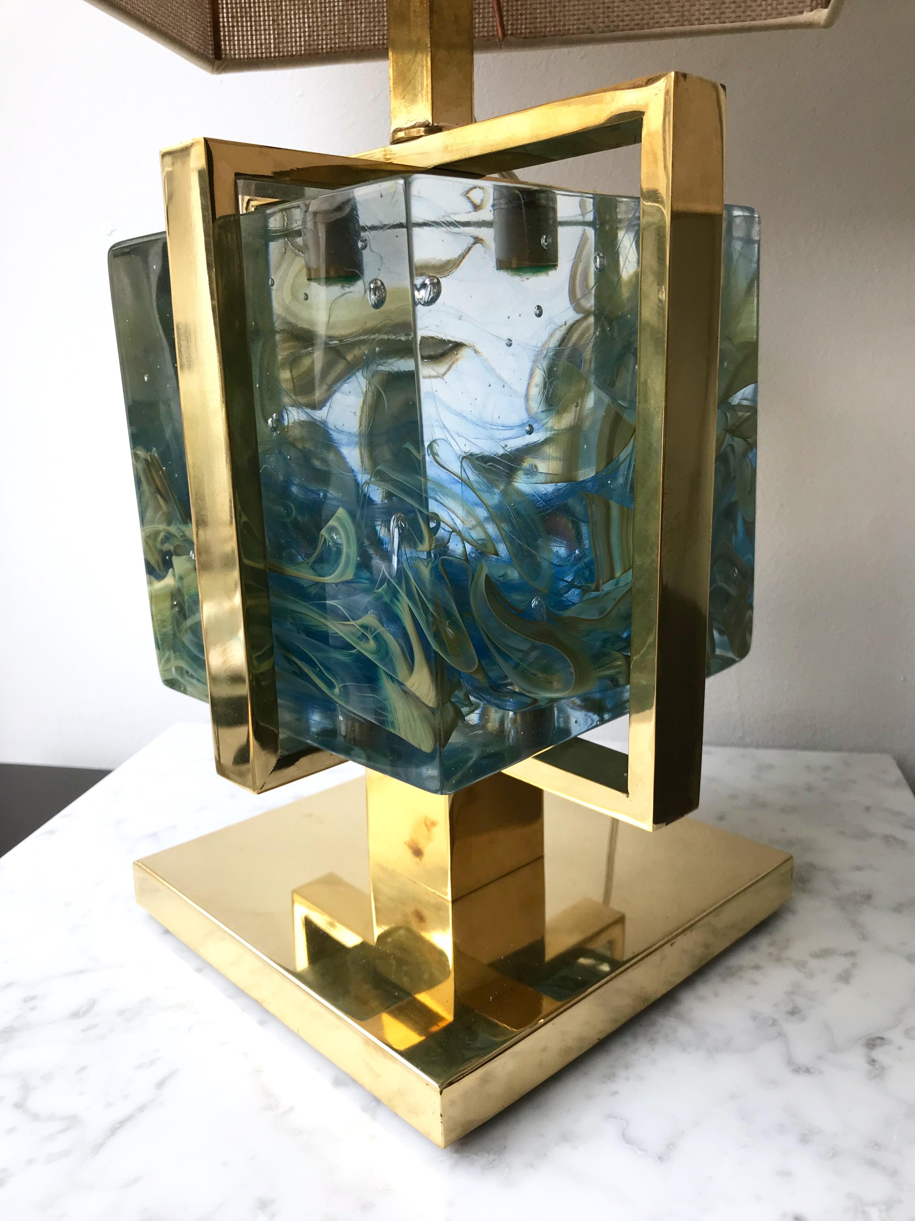 Contemporary Pair of Lamps Brass Cage Murano Glass Cube, Italy 1