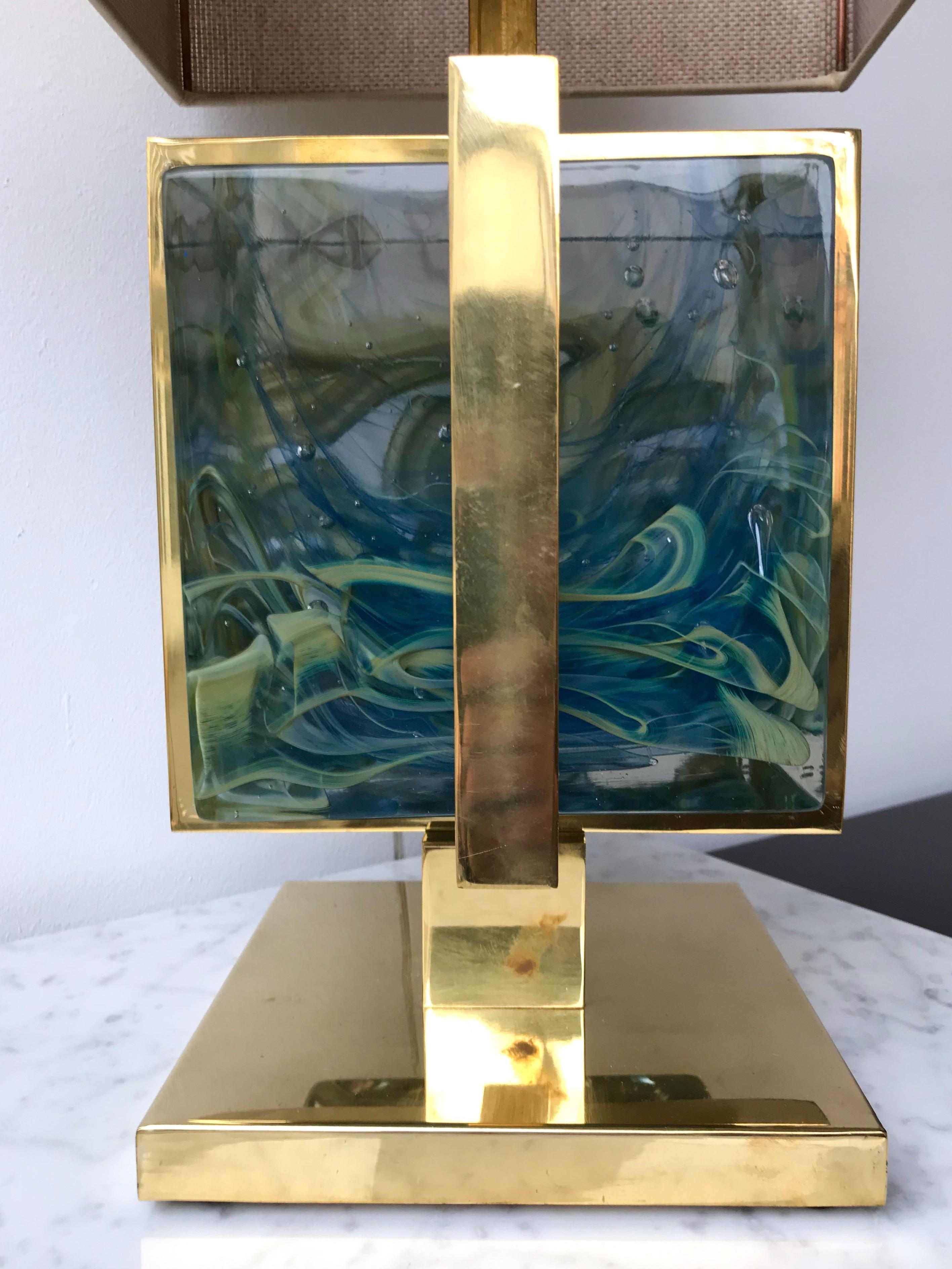 Contemporary Pair of Lamps Brass Cage Murano Glass Cube, Italy 2