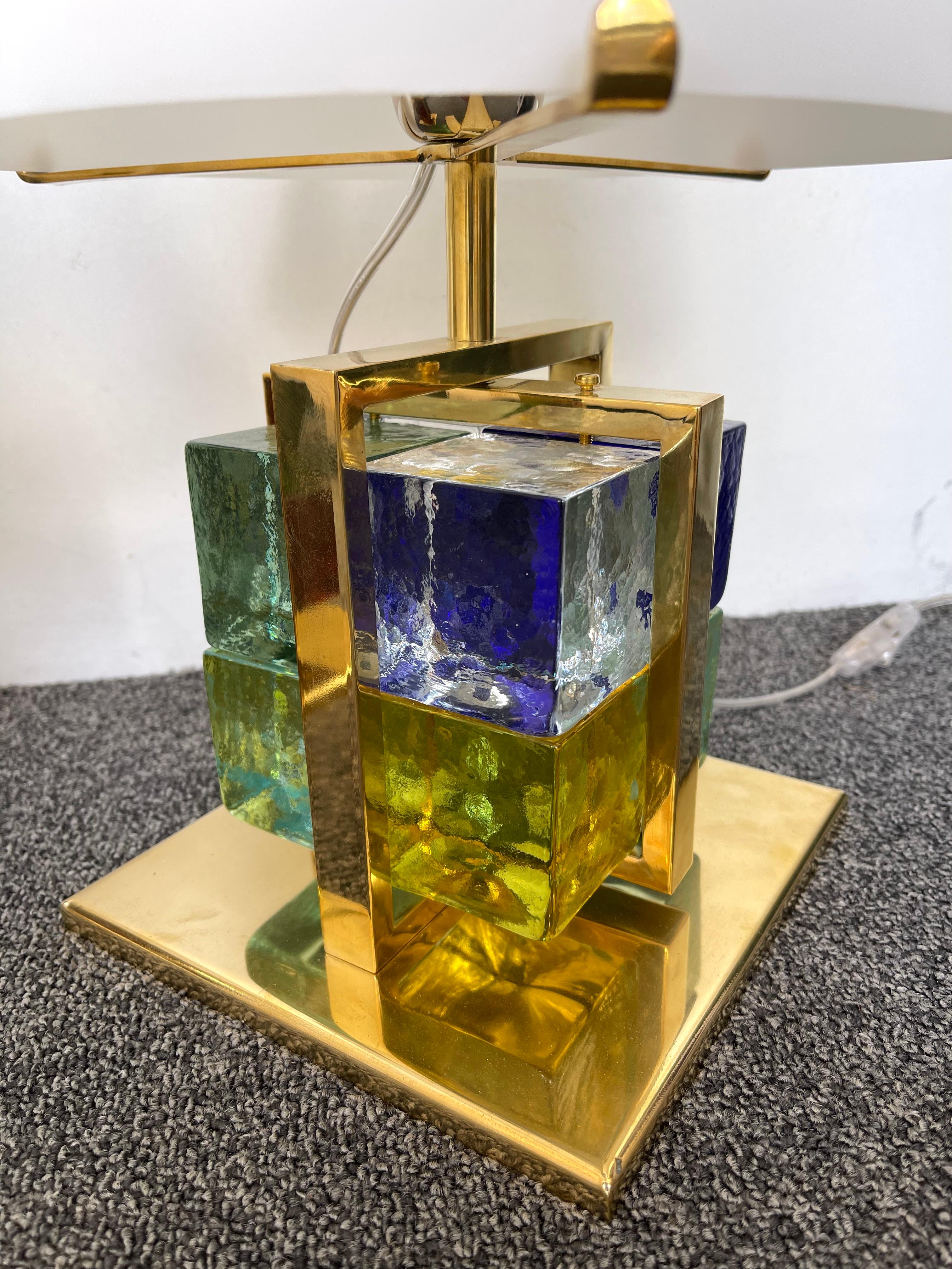 Contemporary Pair of Lamps Brass Cage Murano Glass Cube, Italy For Sale 1