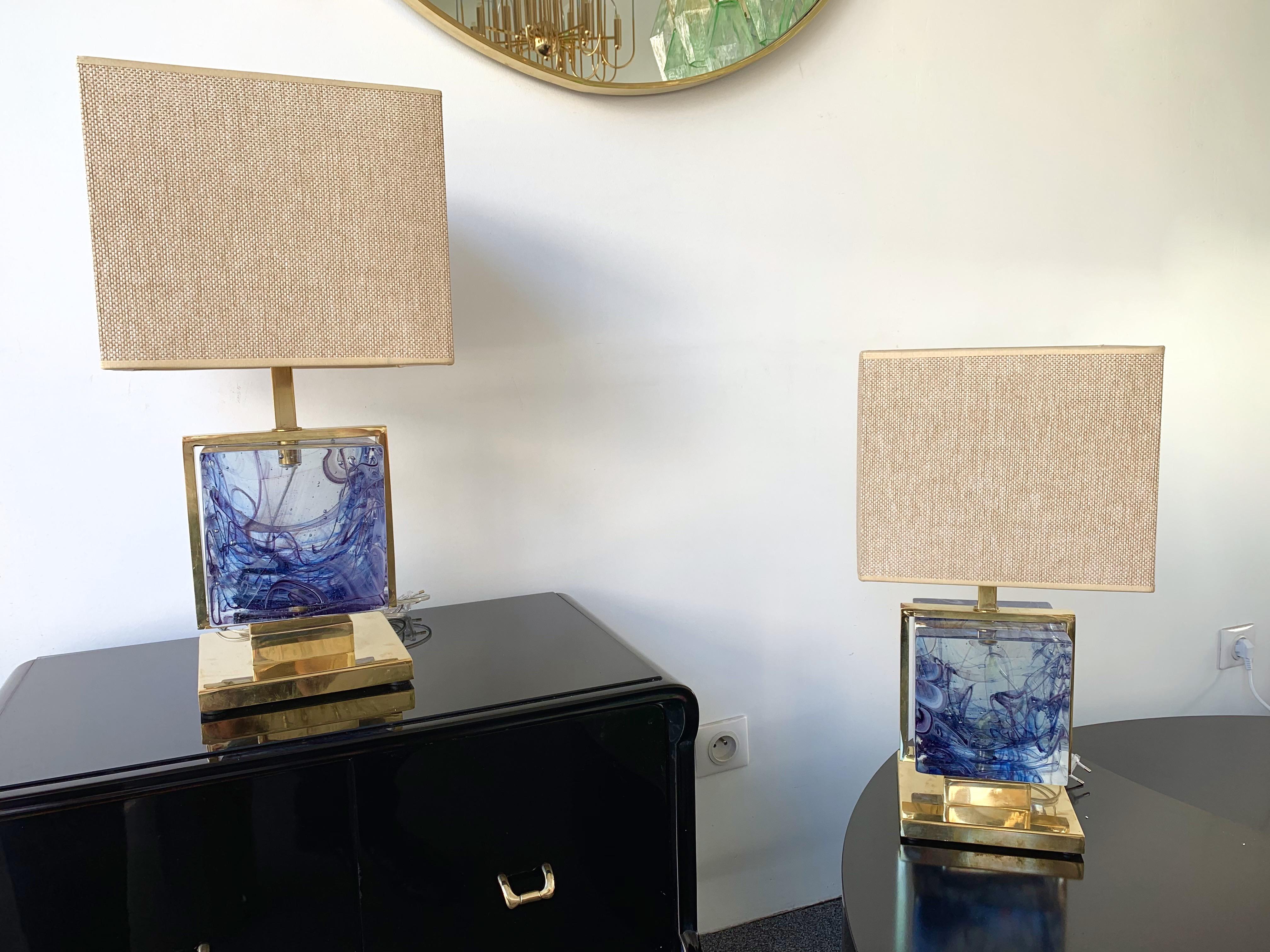 Contemporary Pair of Lamps Brass Cage Murano Glass Cube, Italy 3
