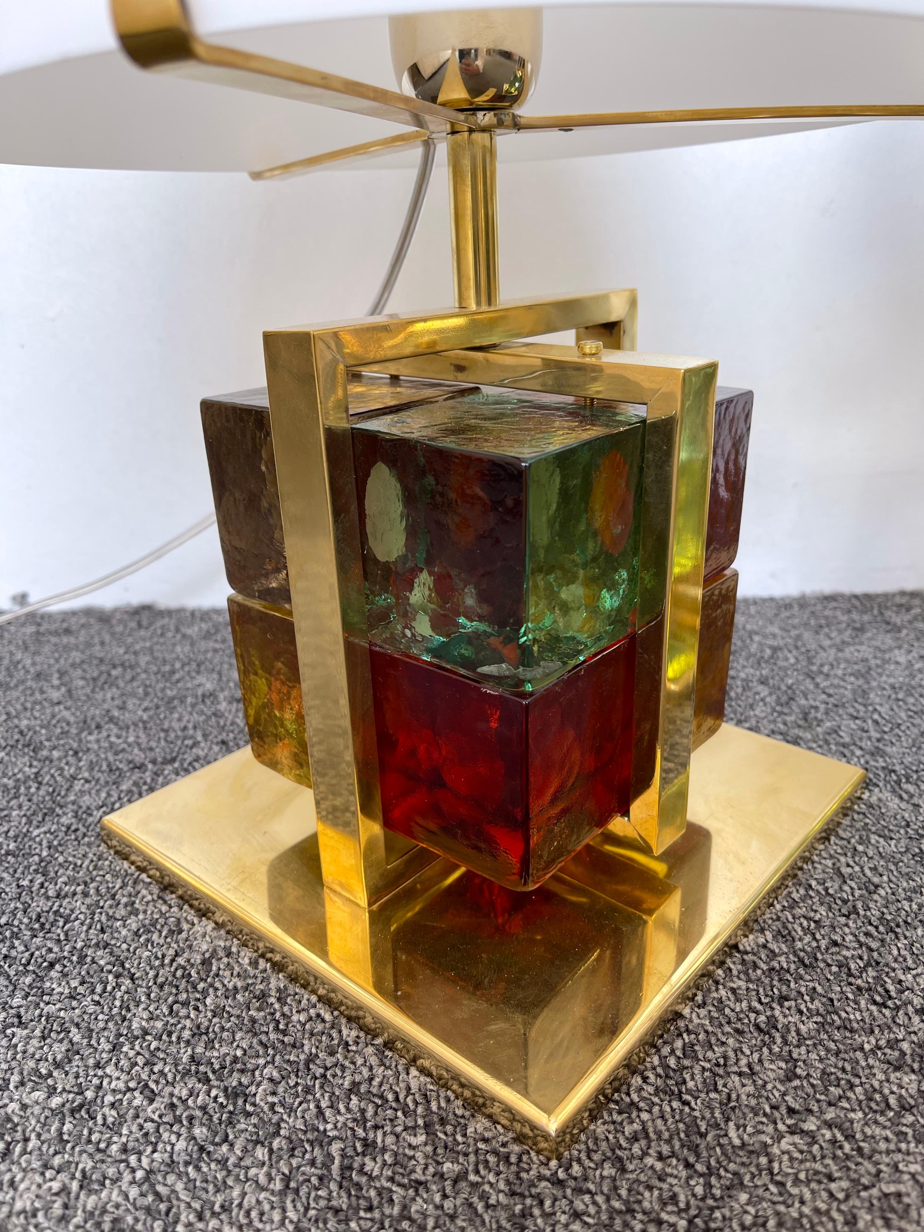 Contemporary Pair of Lamps Brass Cage Murano Glass Cube, Italy For Sale 2