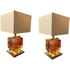 Contemporary Pair of Lamps Brass Cage Murano Glass Cube, Italy