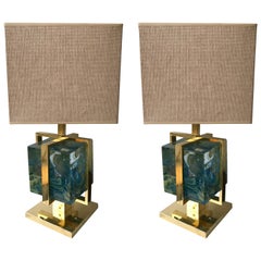 Contemporary Pair of Lamps Brass Cage Murano Glass Cube, Italy