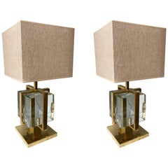 Contemporary Pair of Lamps Brass Cage Murano Glass Cube, Italy