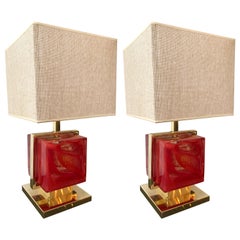 Contemporary Pair of Lamps Brass Cage Murano Glass Cube, Italy