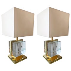 Contemporary Pair of Lamps Brass Cage Murano Glass Cube, Italy