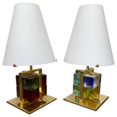 Contemporary Pair of Lamps Brass Cage Murano Glass Cube, Italy