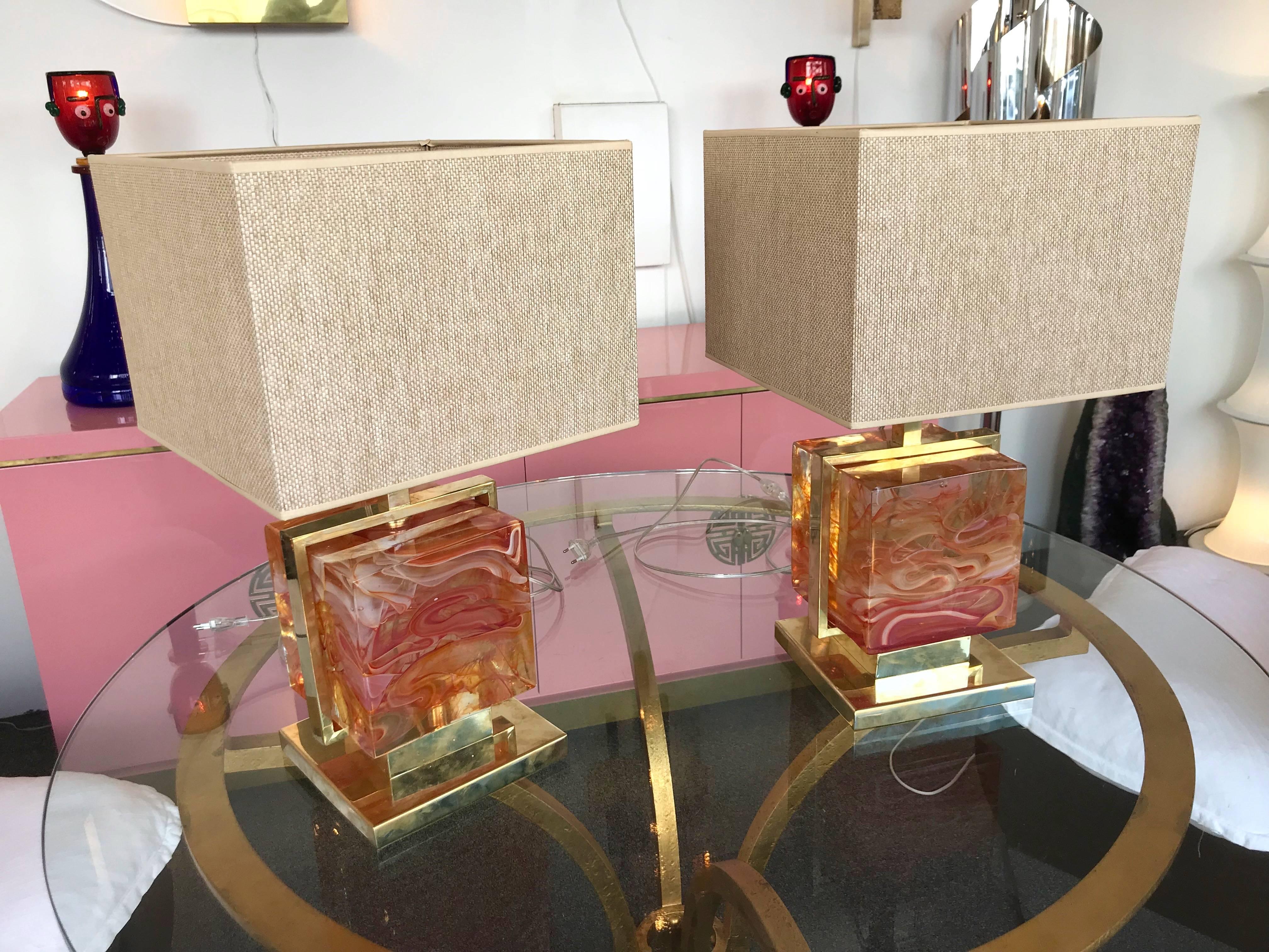Contemporary Pair of Lamps Brass Cage Murano Glass Cube, Italy 1