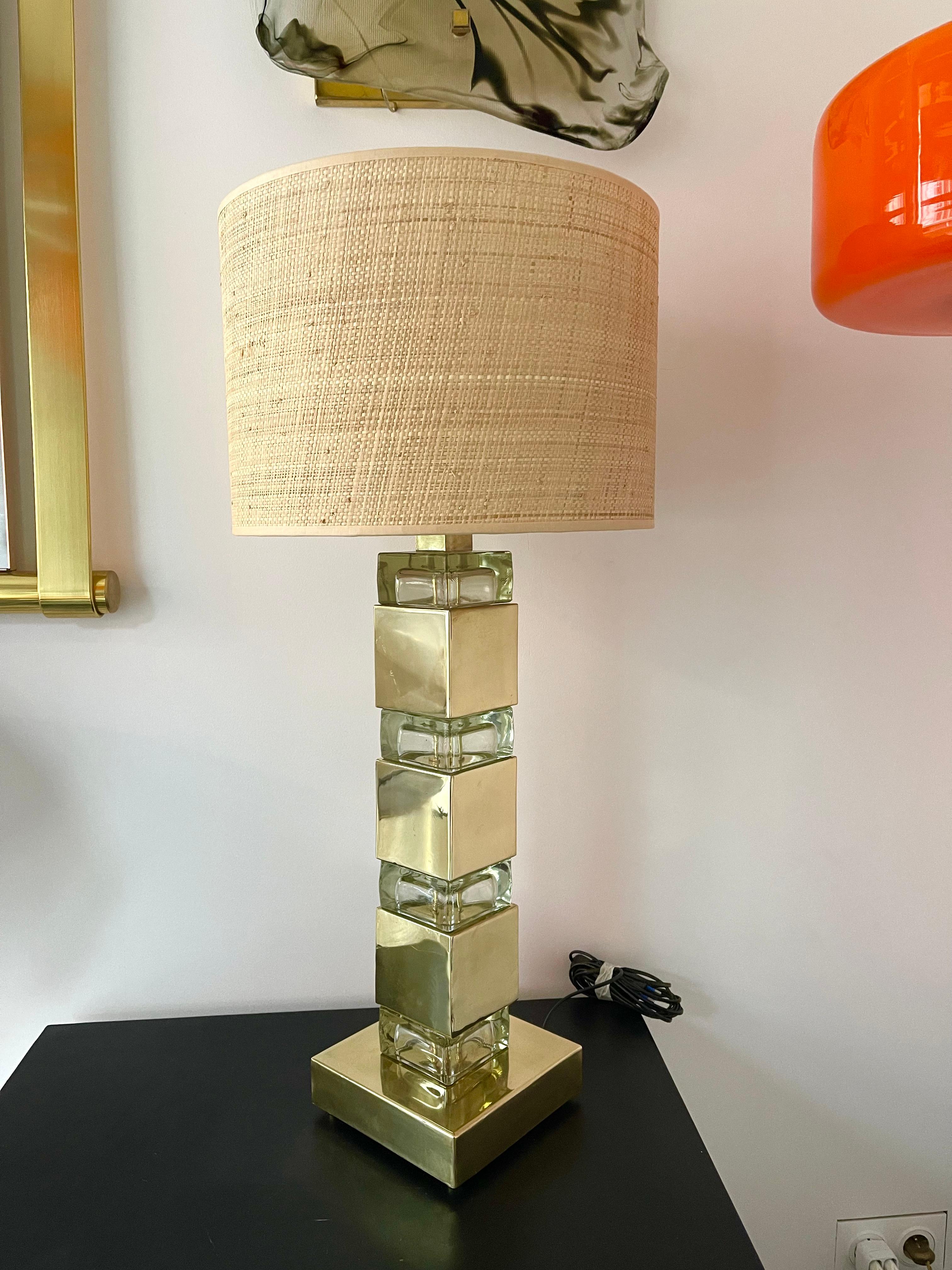 Contemporary Pair of Lamps Brass Column Cube Murano Glass, Italy 8