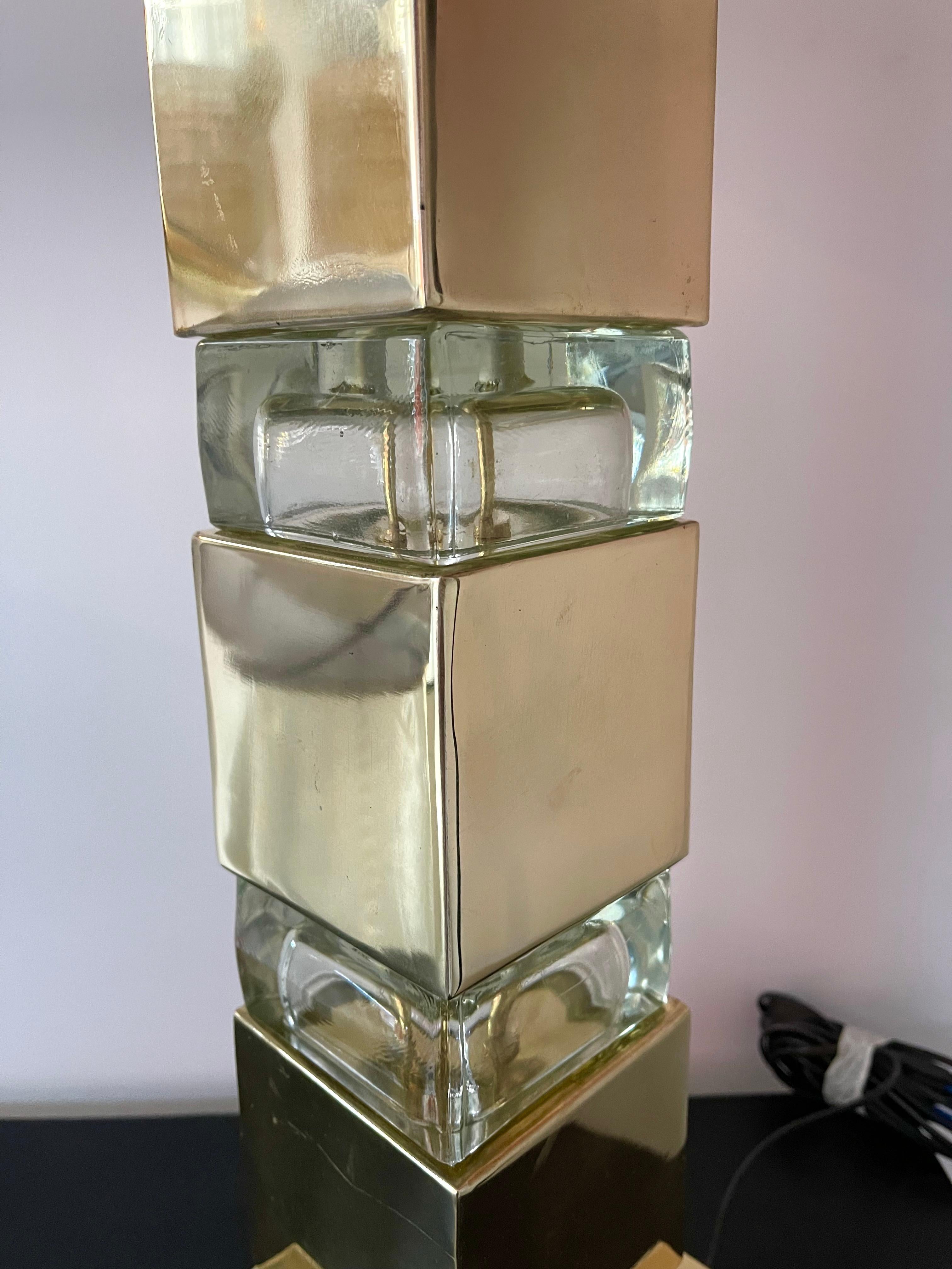 Contemporary Pair of Lamps Brass Column Cube Murano Glass, Italy 9