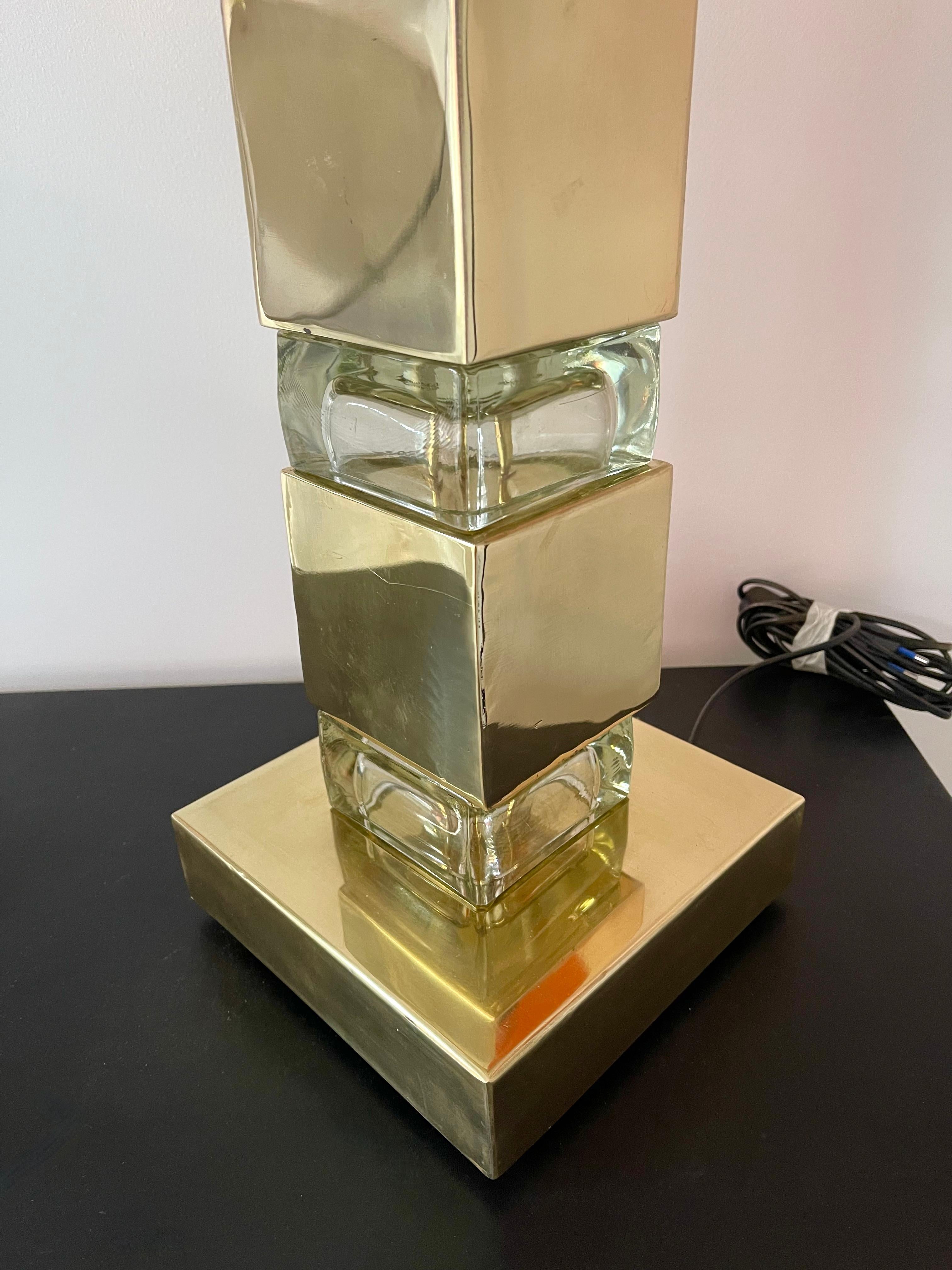 Contemporary Pair of Lamps Brass Column Cube Murano Glass, Italy 10
