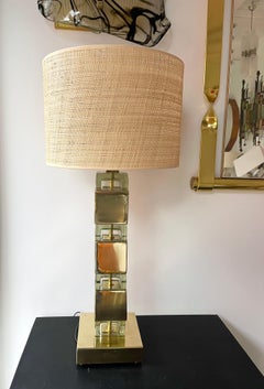 Contemporary Pair of Lamps Brass Column Cube Murano Glass, Italy