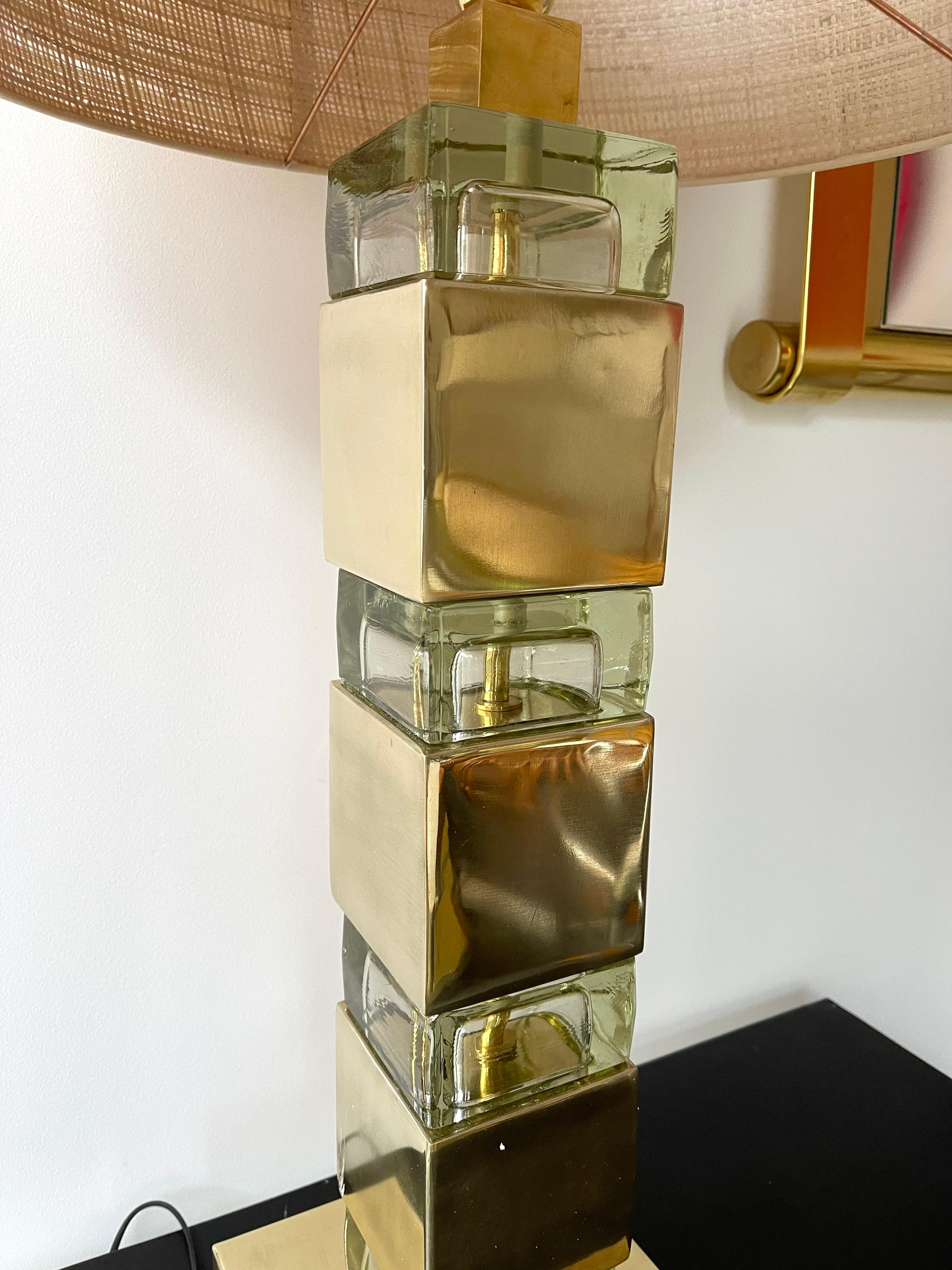 Contemporary Pair of Lamps Brass Column Cube Murano Glass, Italy 1