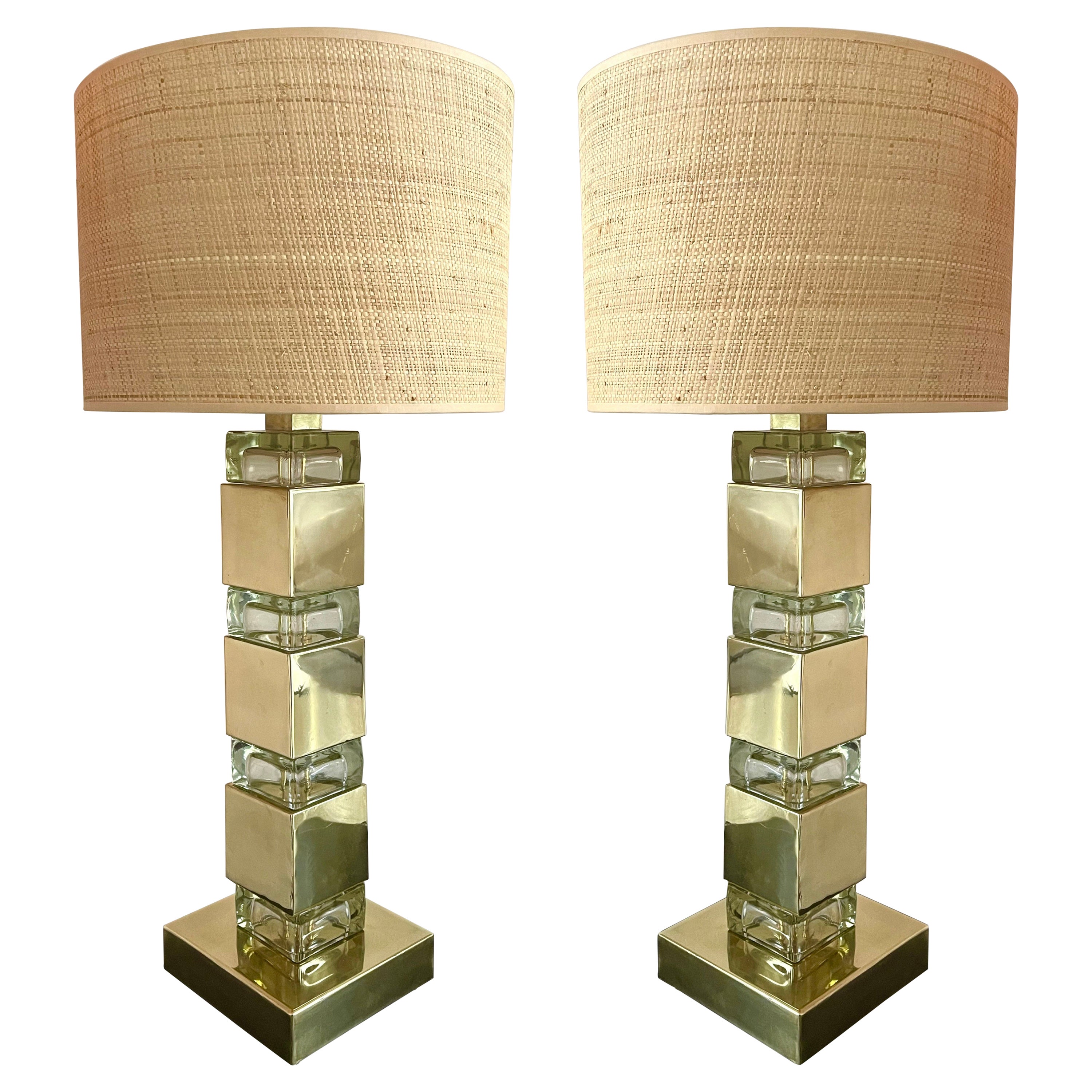 Contemporary Pair of Lamps Brass Column Cube Murano Glass, Italy
