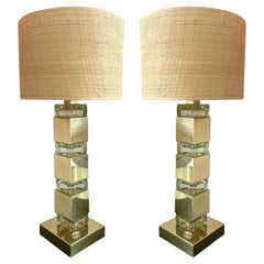 Contemporary Pair of Lamps Brass Column Cube Murano Glass, Italy