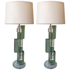 Contemporary Pair of Lamps Cubic Murano Glass and Brass