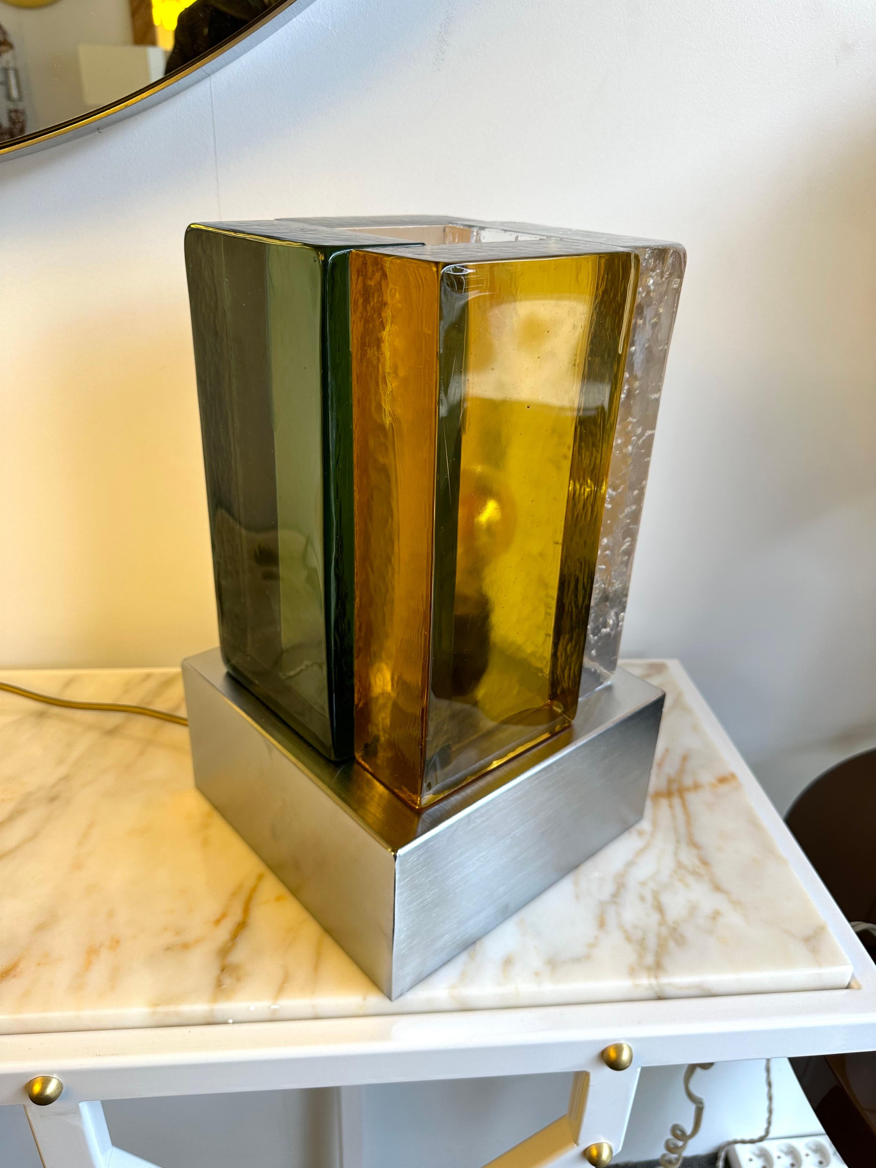 Paire de lampes contemporaines Verre de Murano cubique et acier inoxydable, Italie en vente 4