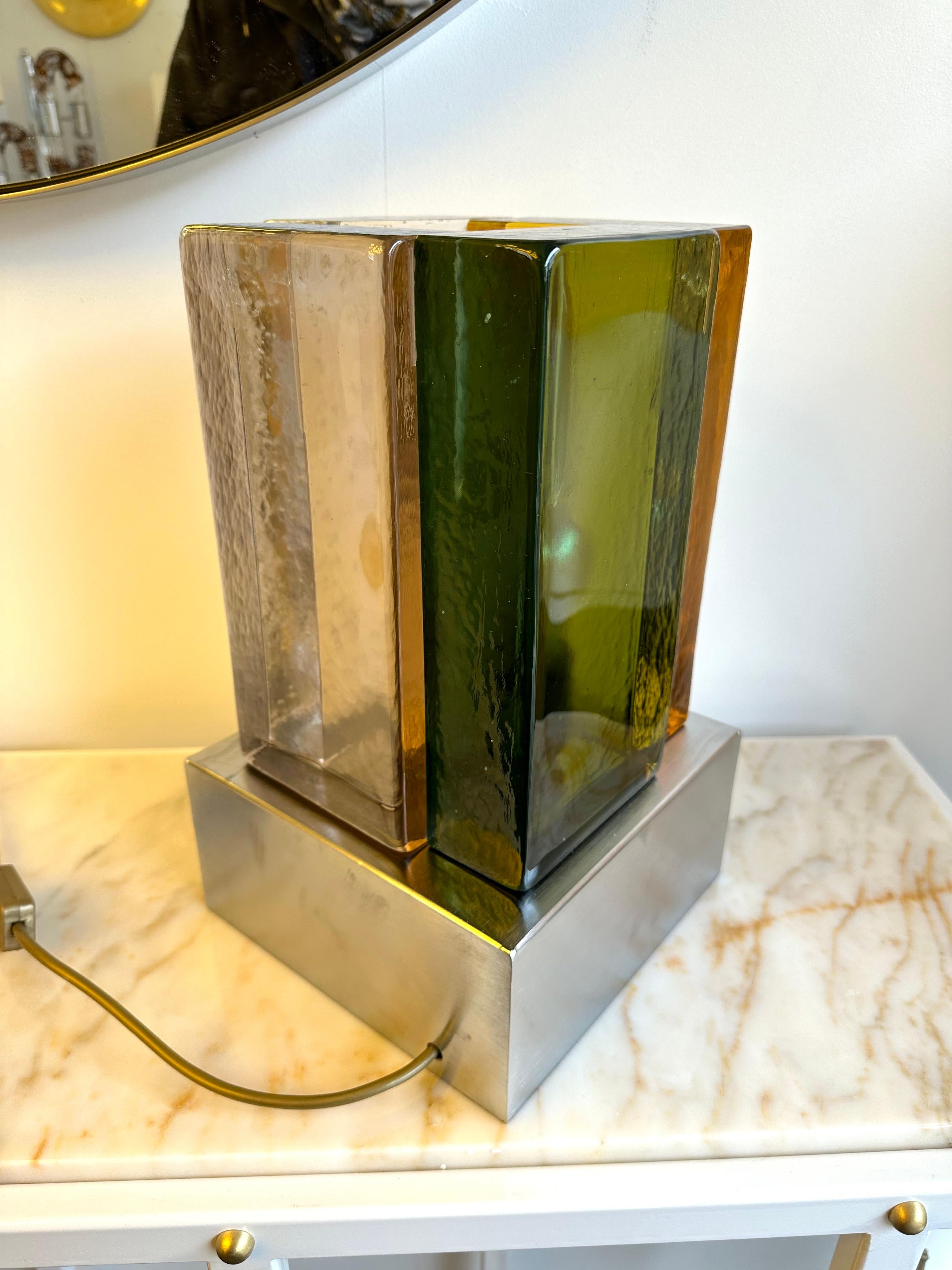 Paire de lampes contemporaines Verre de Murano cubique et acier inoxydable, Italie en vente 2