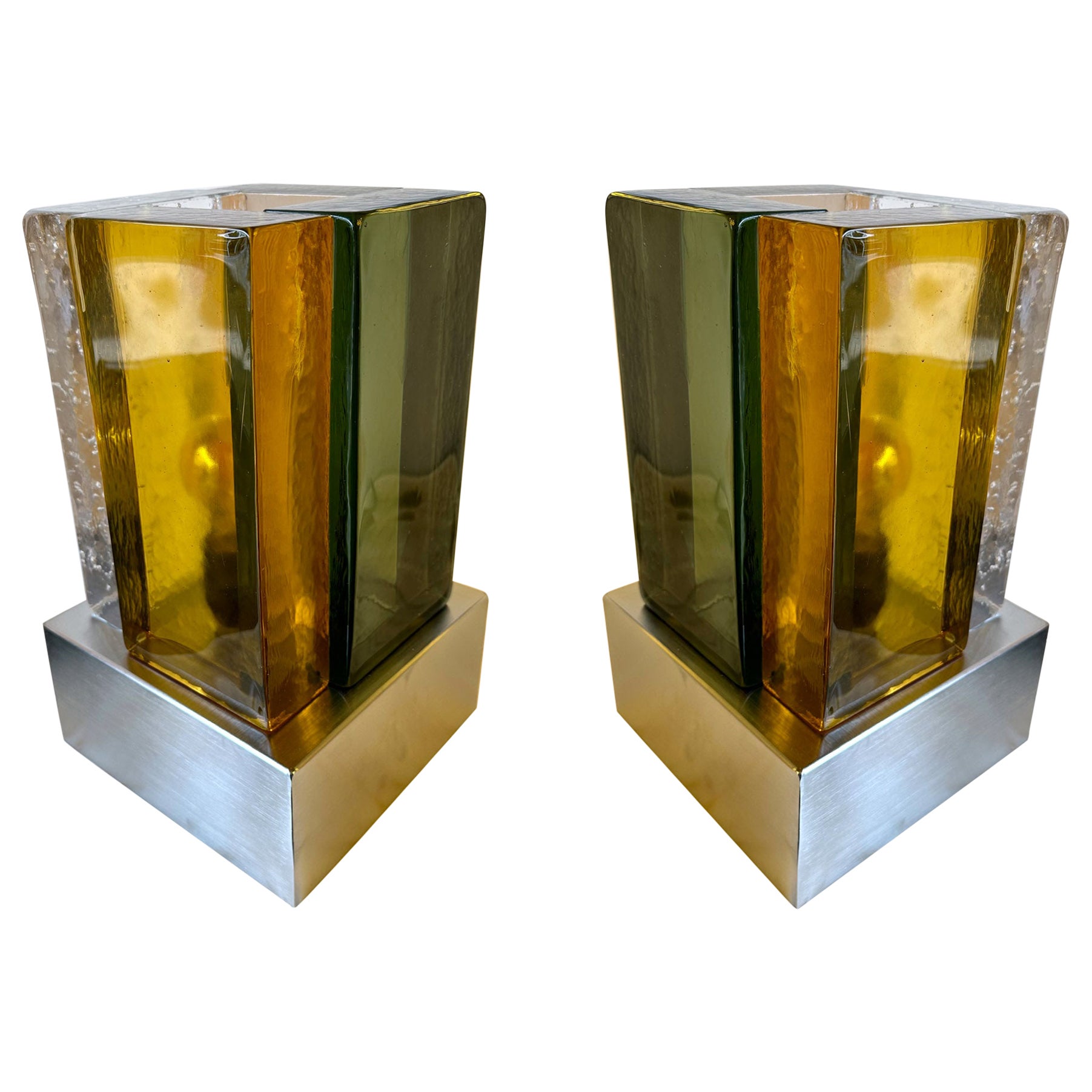 Paire de lampes contemporaines Verre de Murano cubique et acier inoxydable, Italie