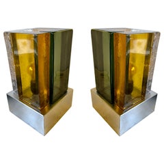 Pareja de lámparas contemporáneas Cristal cúbico de Murano y acero inoxidable, Italia