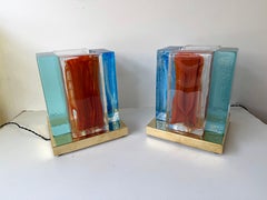 Contemporary Pair of Lamps Cubic Pennellate Murano Glass and Brass, Italy