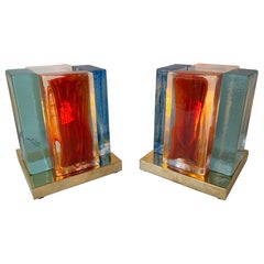 Contemporary Pair of Lamps Cubic Pennellate Murano Glass and Brass, Italy