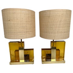 Pareja de Lámparas Contemporáneas Cúbicas Ámbar Amarillo Cristal de Murano y Latón, Italia