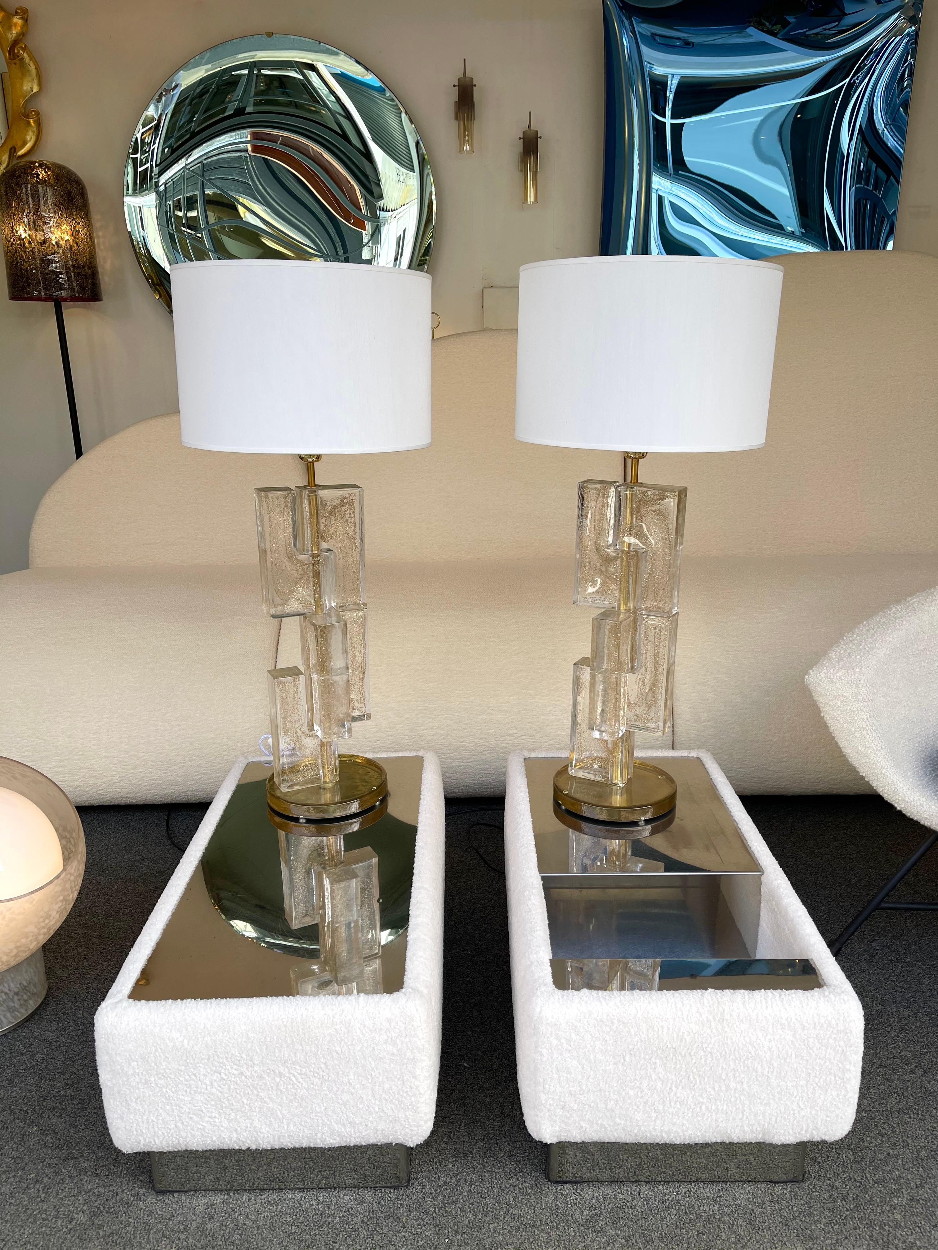 Contemporary Pair of Lamps Gold Leaf Cubic Murano Glass and Brass, Italy 3