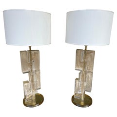 Contemporary Pair of Lamps Gold Leaf Cubic Murano Glass and Brass, Italy