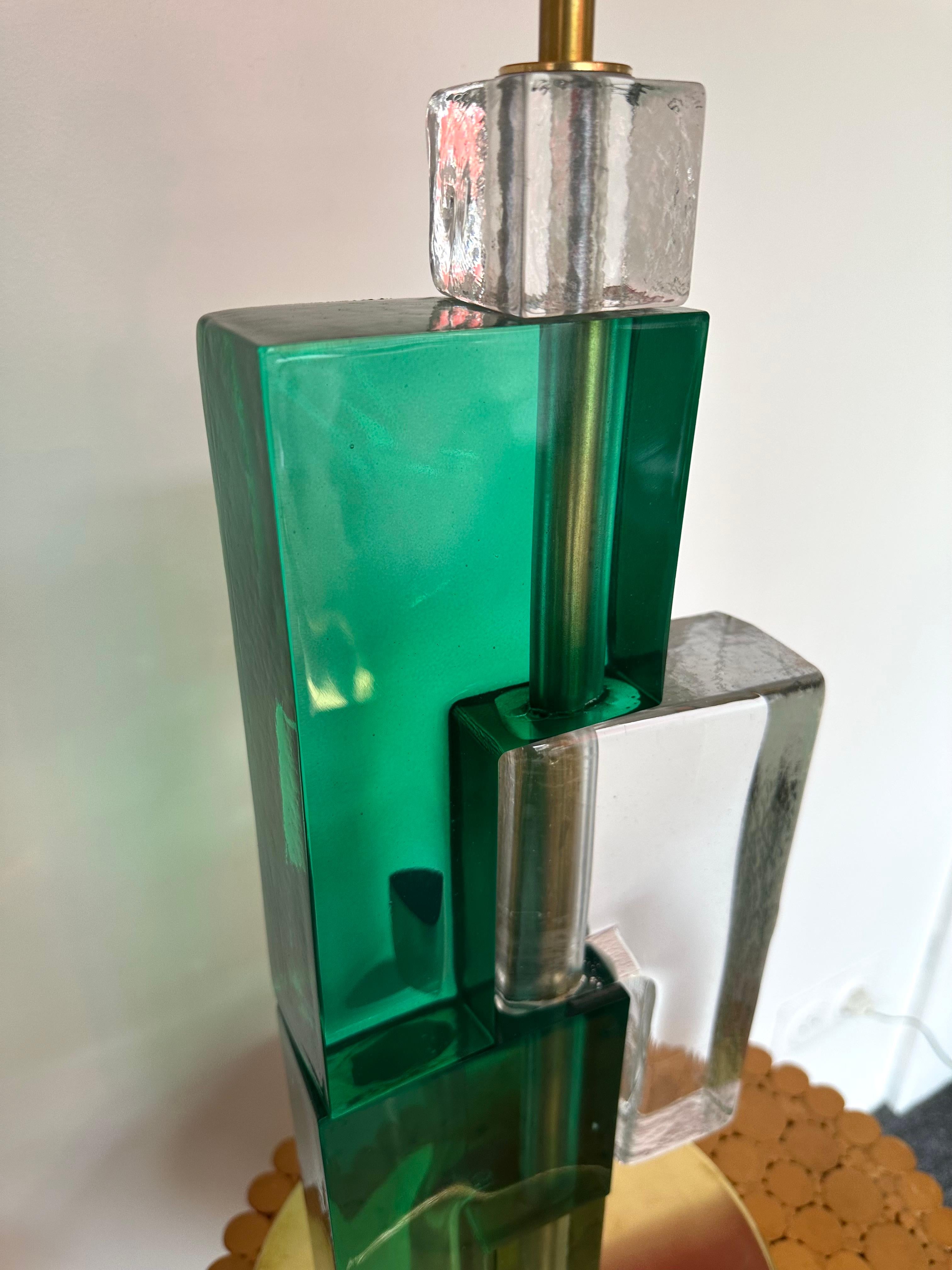 Contemporary Pair of Lamps Green Cubic Murano Glass and Brass, Italy 6