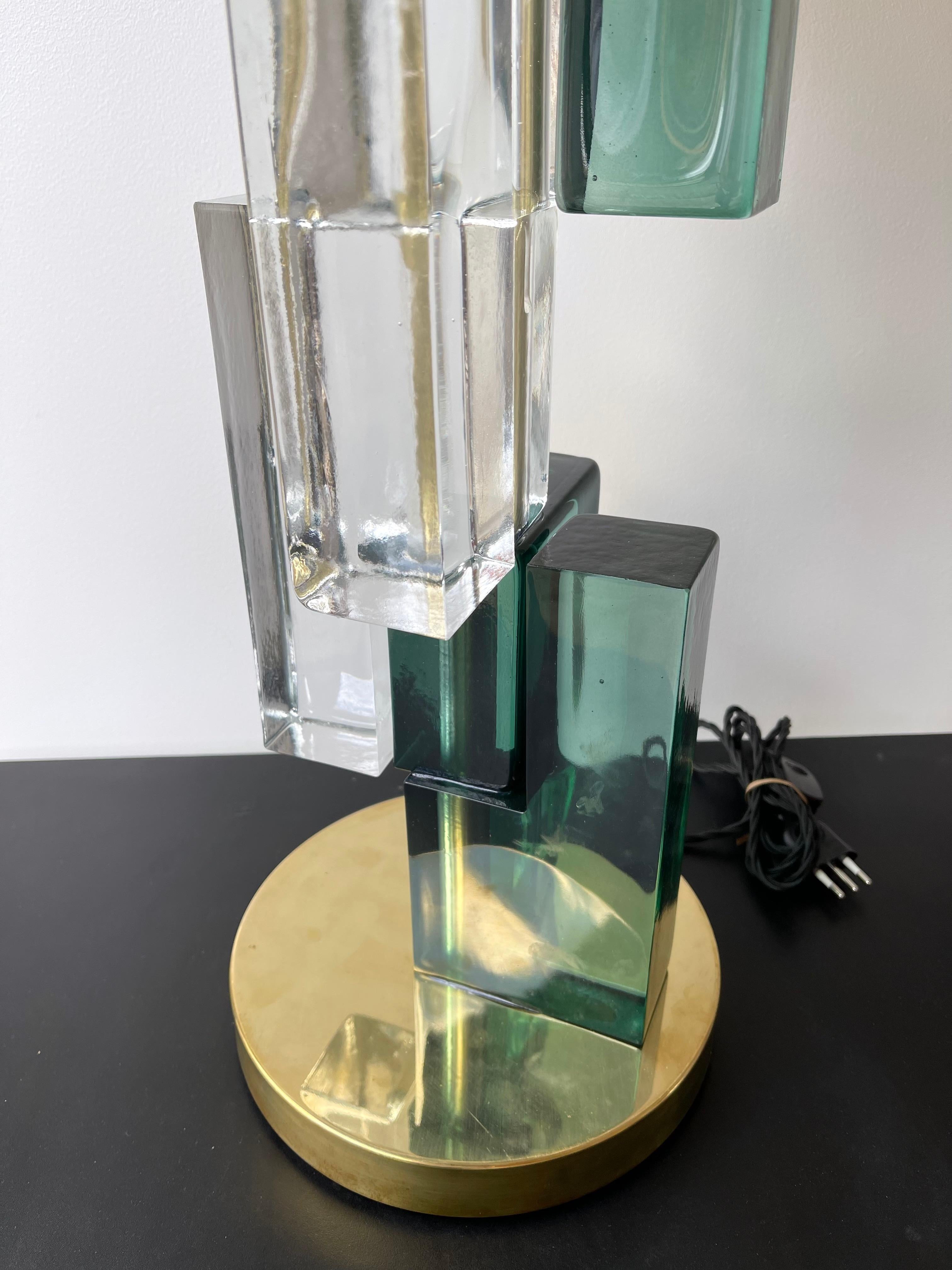 Huge pair of contemporary table or bedside lamps cubic pressed green and clear Murano glass block and brass base. Few exclusive production. In the style of Mazzega, Veronese, Poliarte, Venini, Vistosi, Carlo Aldo Nason, Toni Zuccheri for
