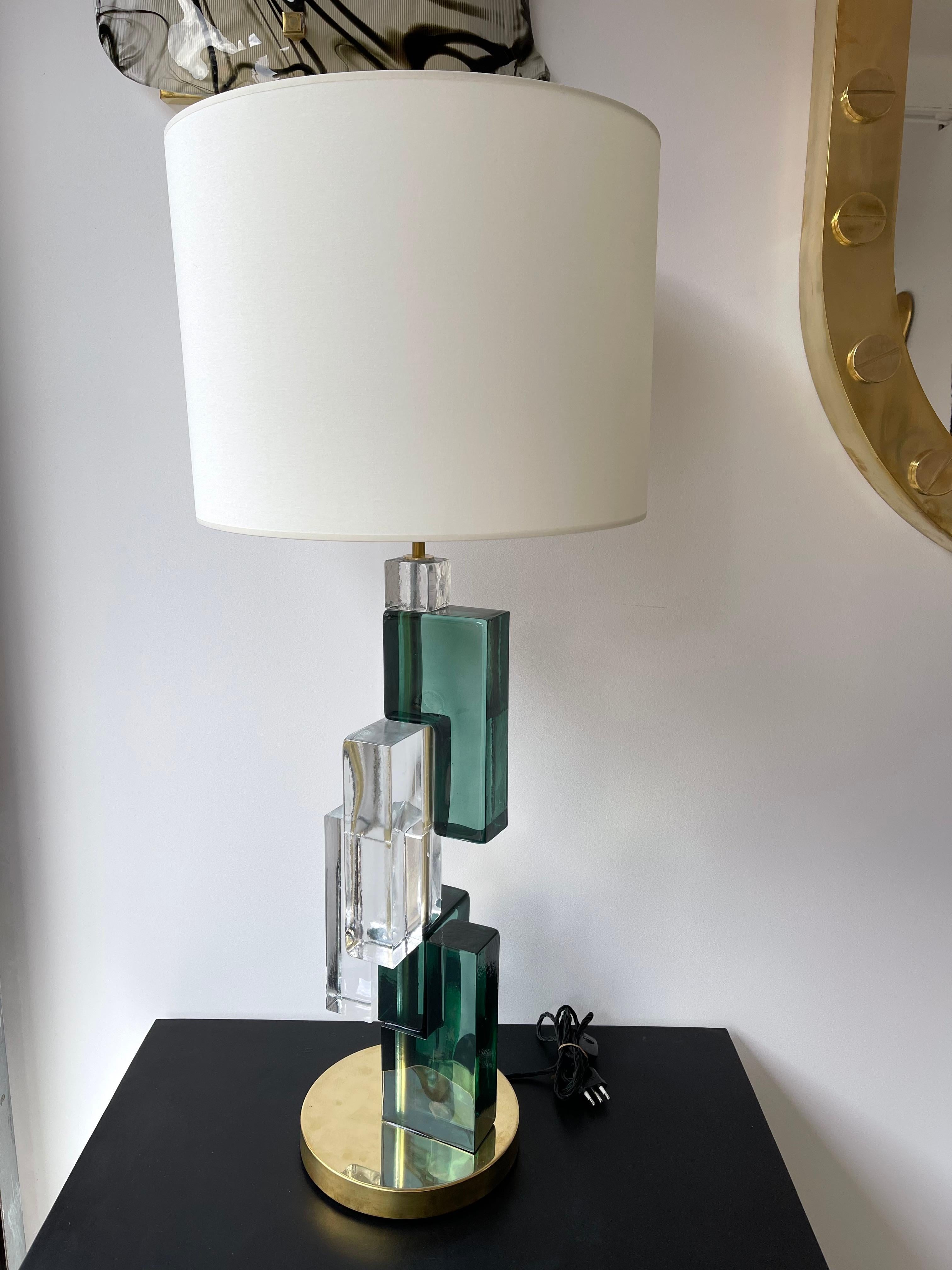 Mid-Century Modern Contemporary Pair of Lamps Green Cubic Murano Glass and Brass, Italy