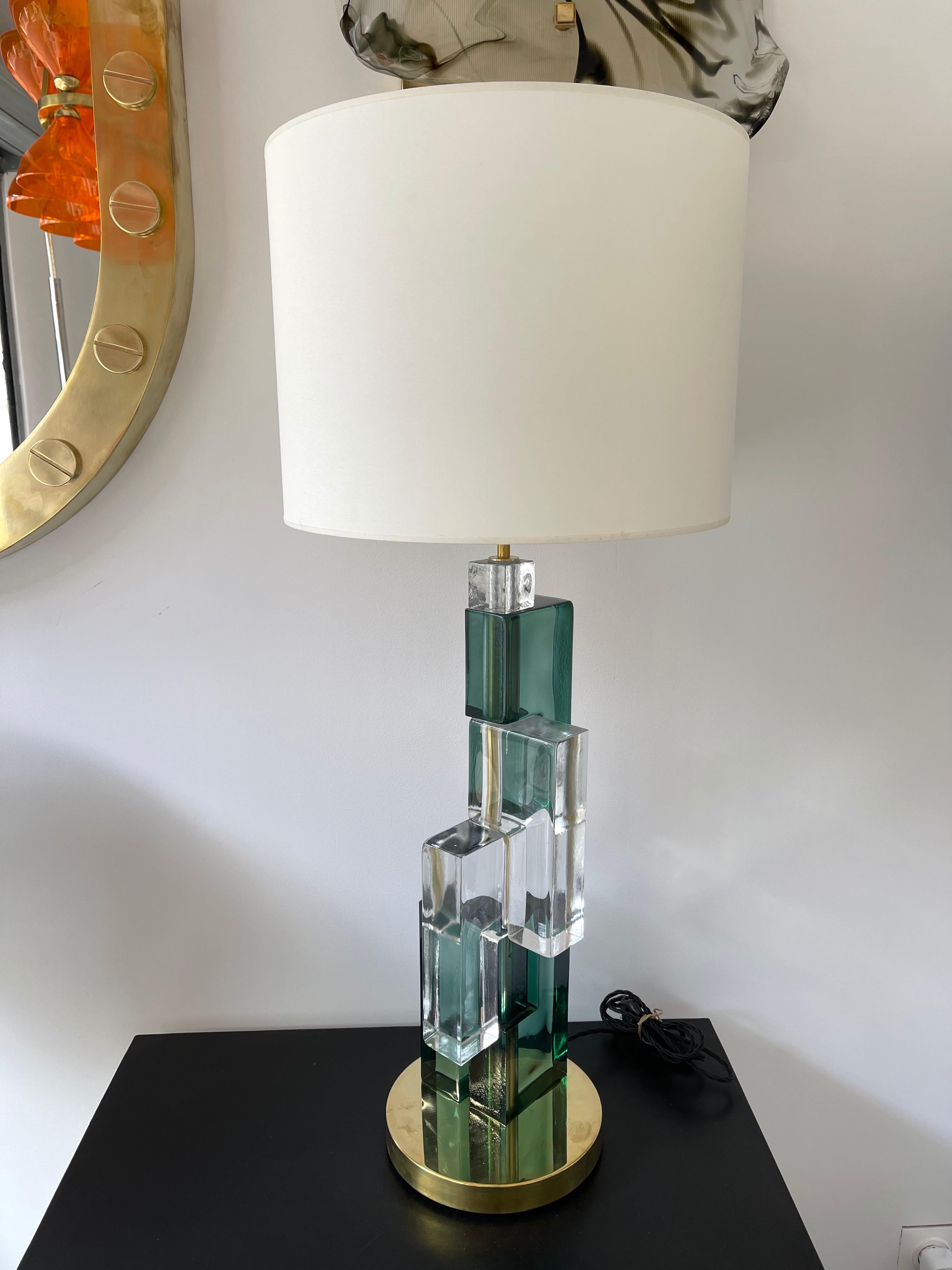 Italian Contemporary Pair of Lamps Green Cubic Murano Glass and Brass, Italy