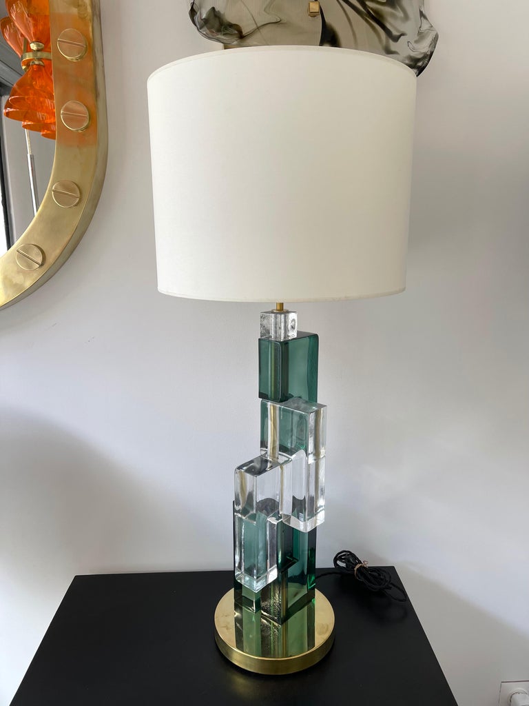 Italian Contemporary Pair of Lamps Green Cubic Murano Glass and Brass, Italy For Sale