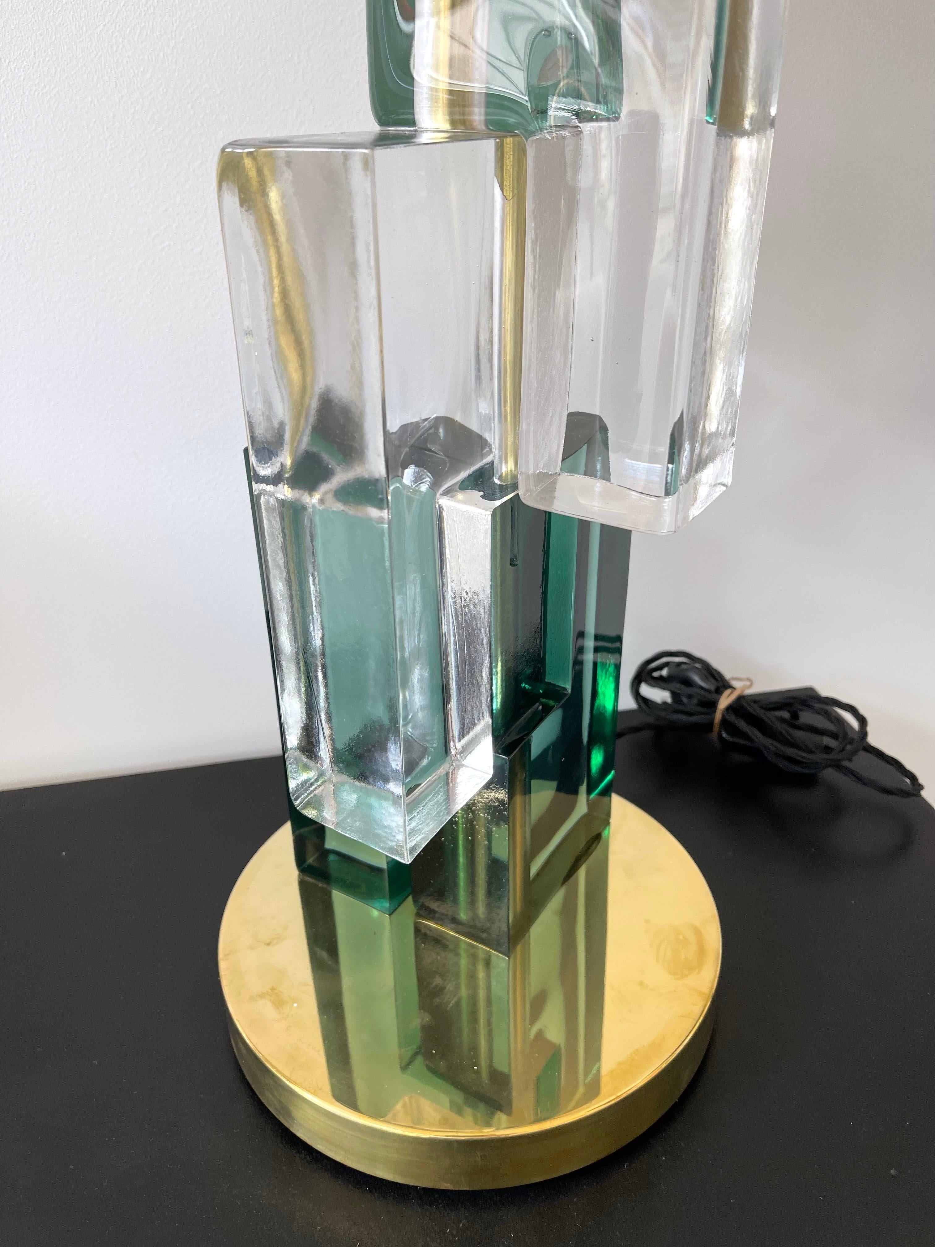 Pressed Contemporary Pair of Lamps Green Cubic Murano Glass and Brass, Italy