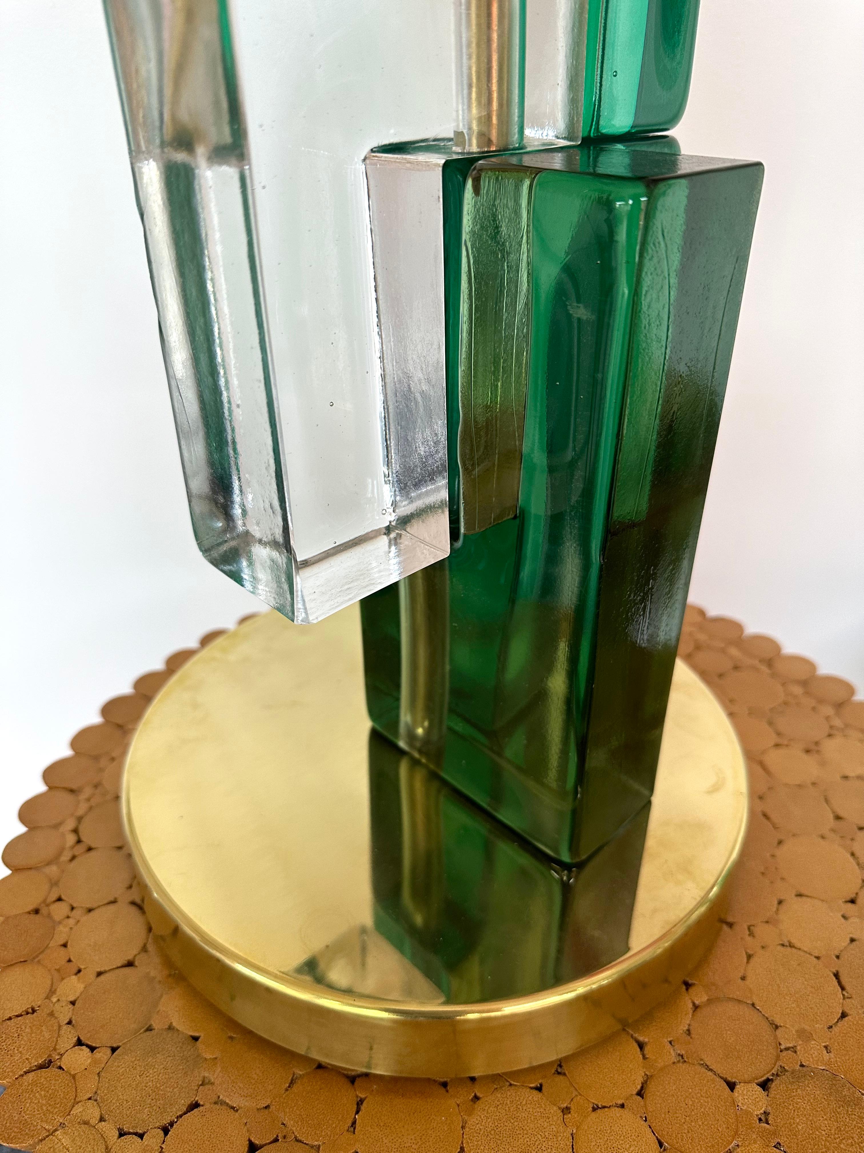 Pressed Contemporary Pair of Lamps Green Cubic Murano Glass and Brass, Italy
