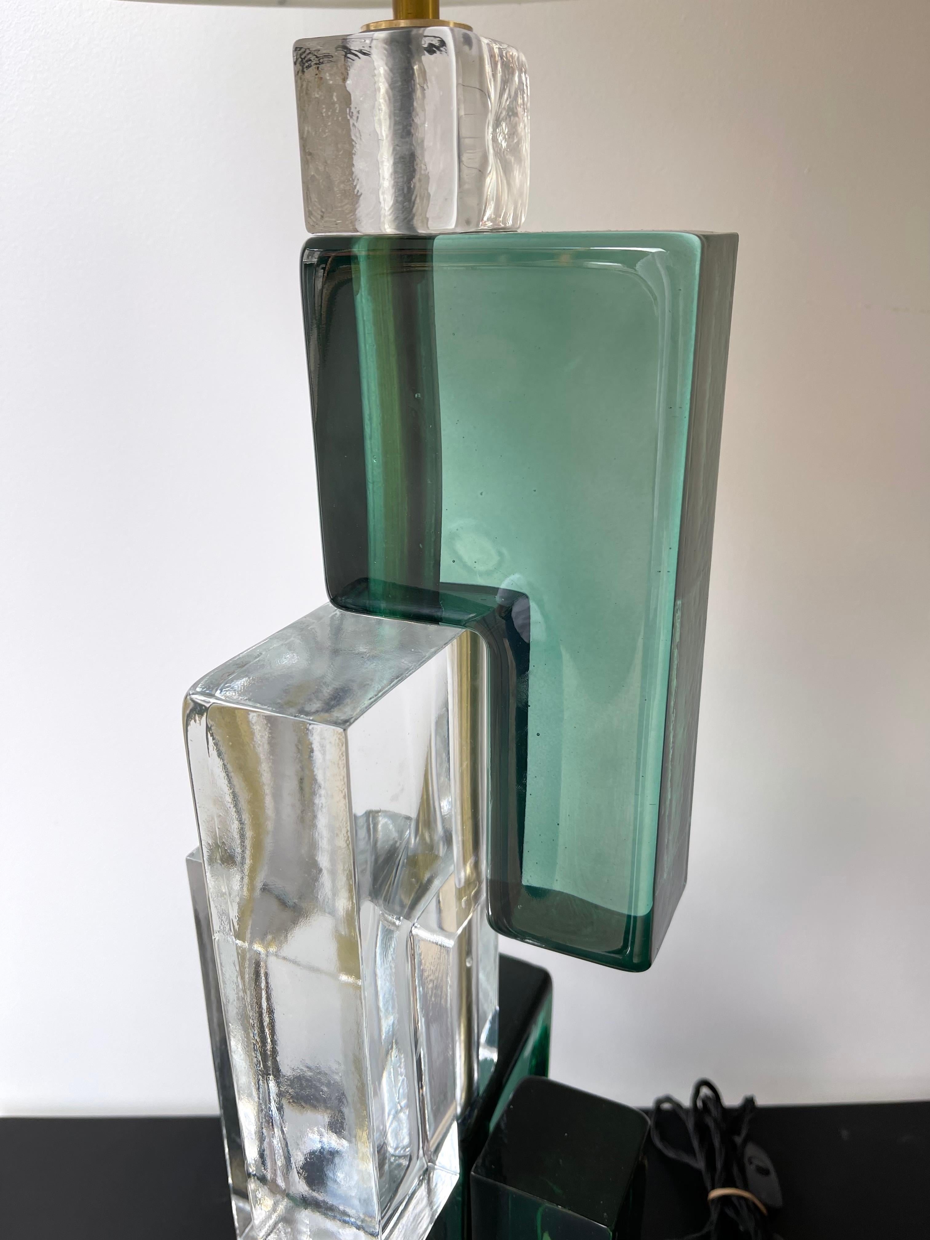 Contemporary Pair of Lamps Green Cubic Murano Glass and Brass, Italy In New Condition In SAINT-OUEN, FR