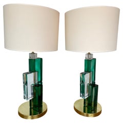 Contemporary Pair of Lamps Green Cubic Murano Glass and Brass, Italy