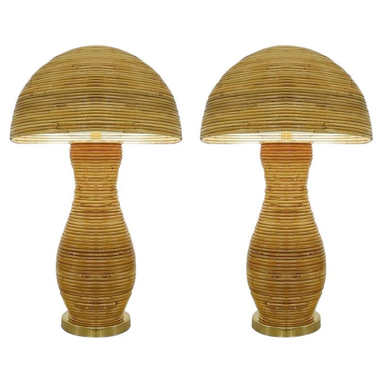 Contemporary Pair of Large Brass and Bamboo Table Lamp, Italy 