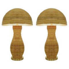 Contemporary Pair of Large Brass and Bamboo Table Lamp, Italy 