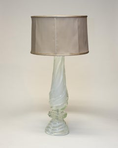 Contemporary Pair of Grand White Murano Glass Lamps with Custom Silk Shades