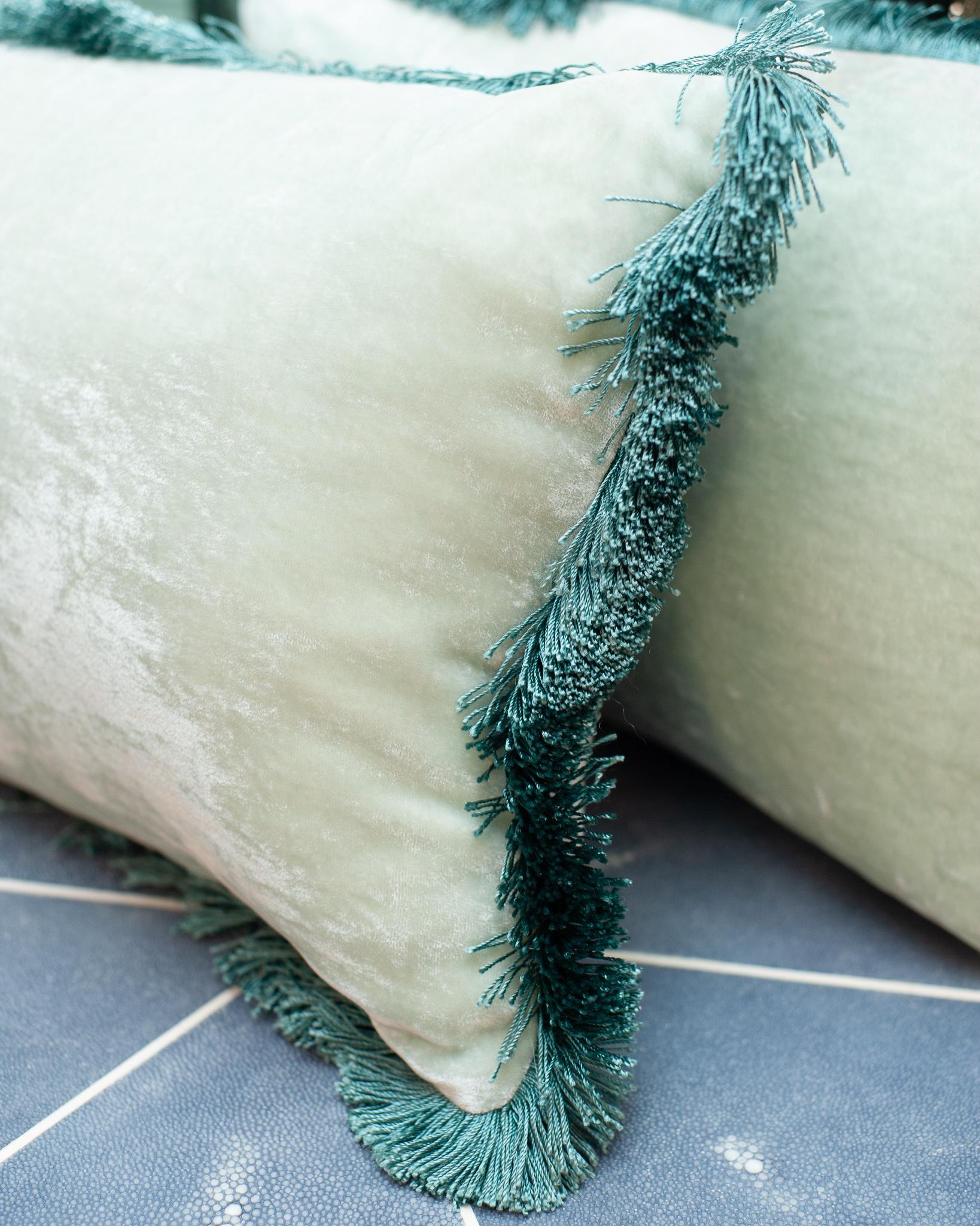 German Contemporary Pair of Light Blue Silk Velvet Pillow with Fringe Detail