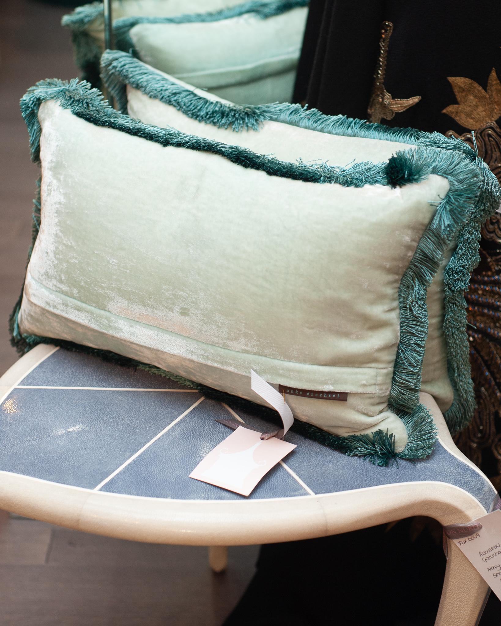 Contemporary Pair of Light Blue Silk Velvet Pillow with Fringe Detail In New Condition In Toronto, ON