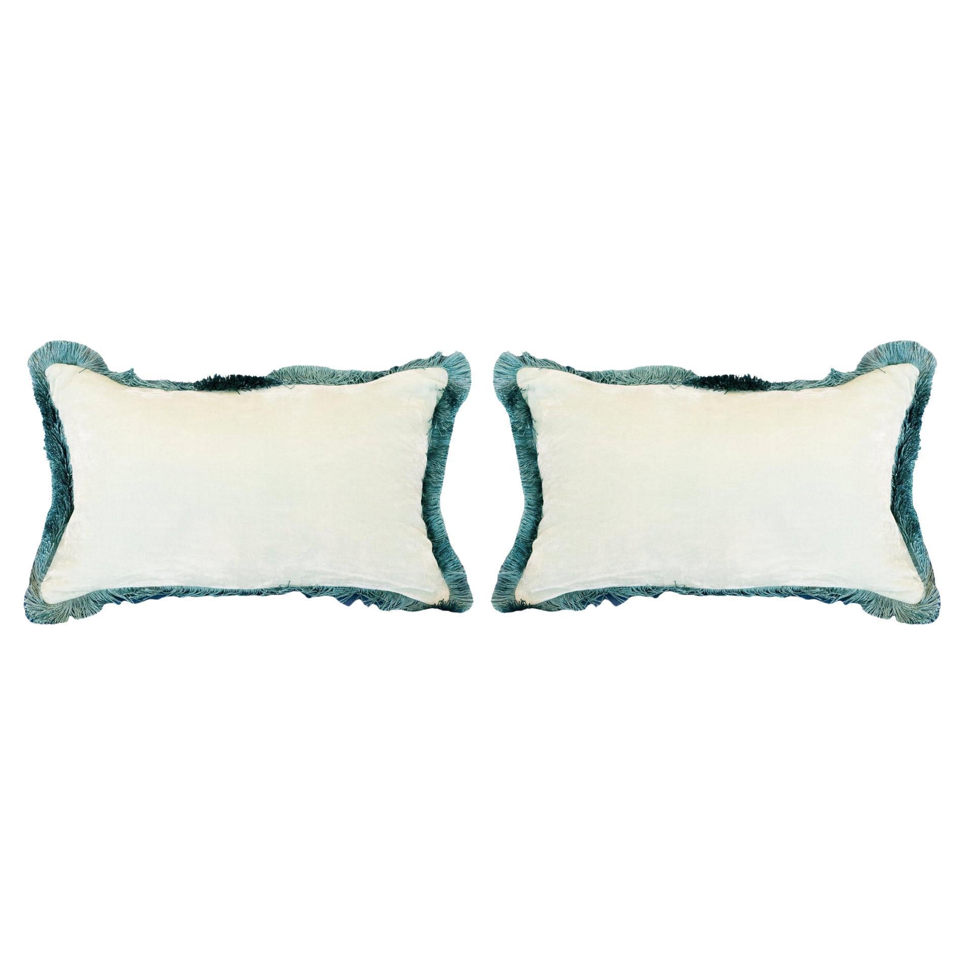 Contemporary Pair of Light Blue Silk Velvet Pillow with Fringe Detail