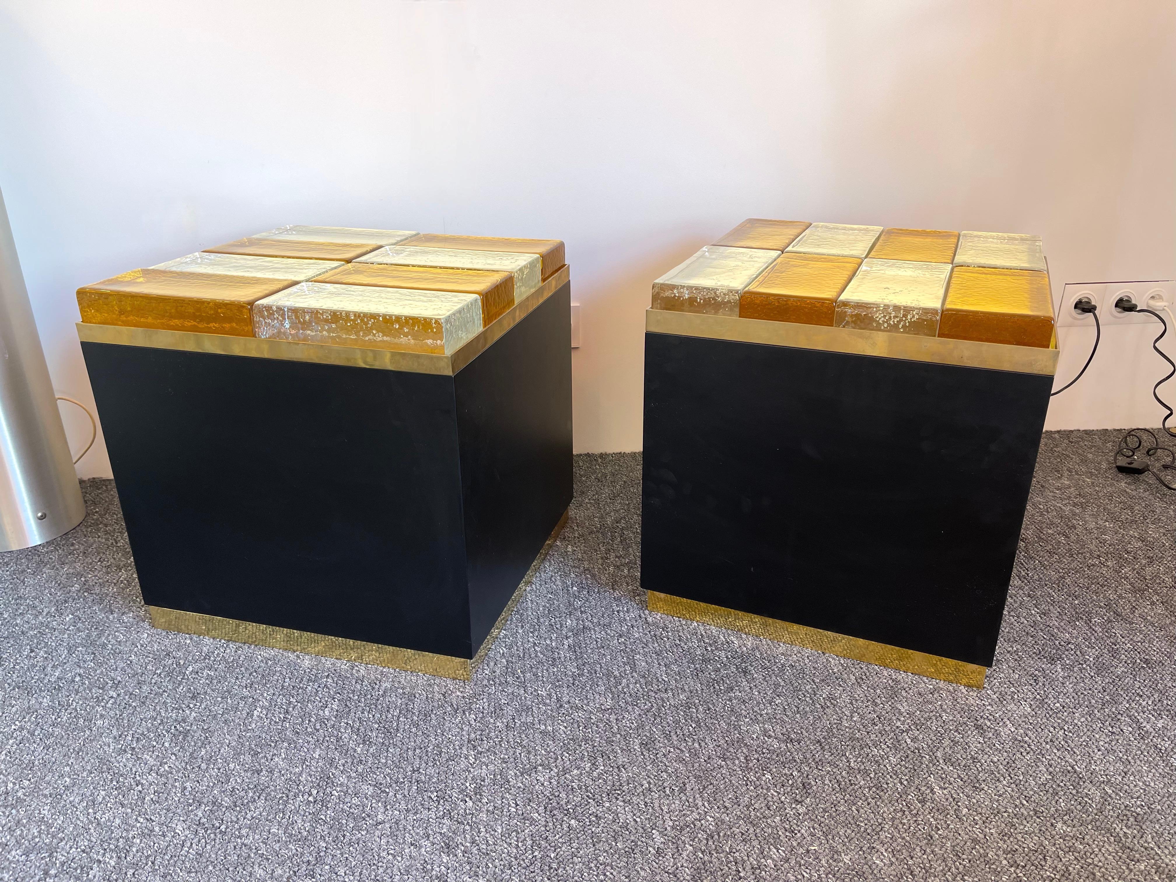 Contemporary Pair of Lightning Murano Glass Brass Side Tables, Italy 6