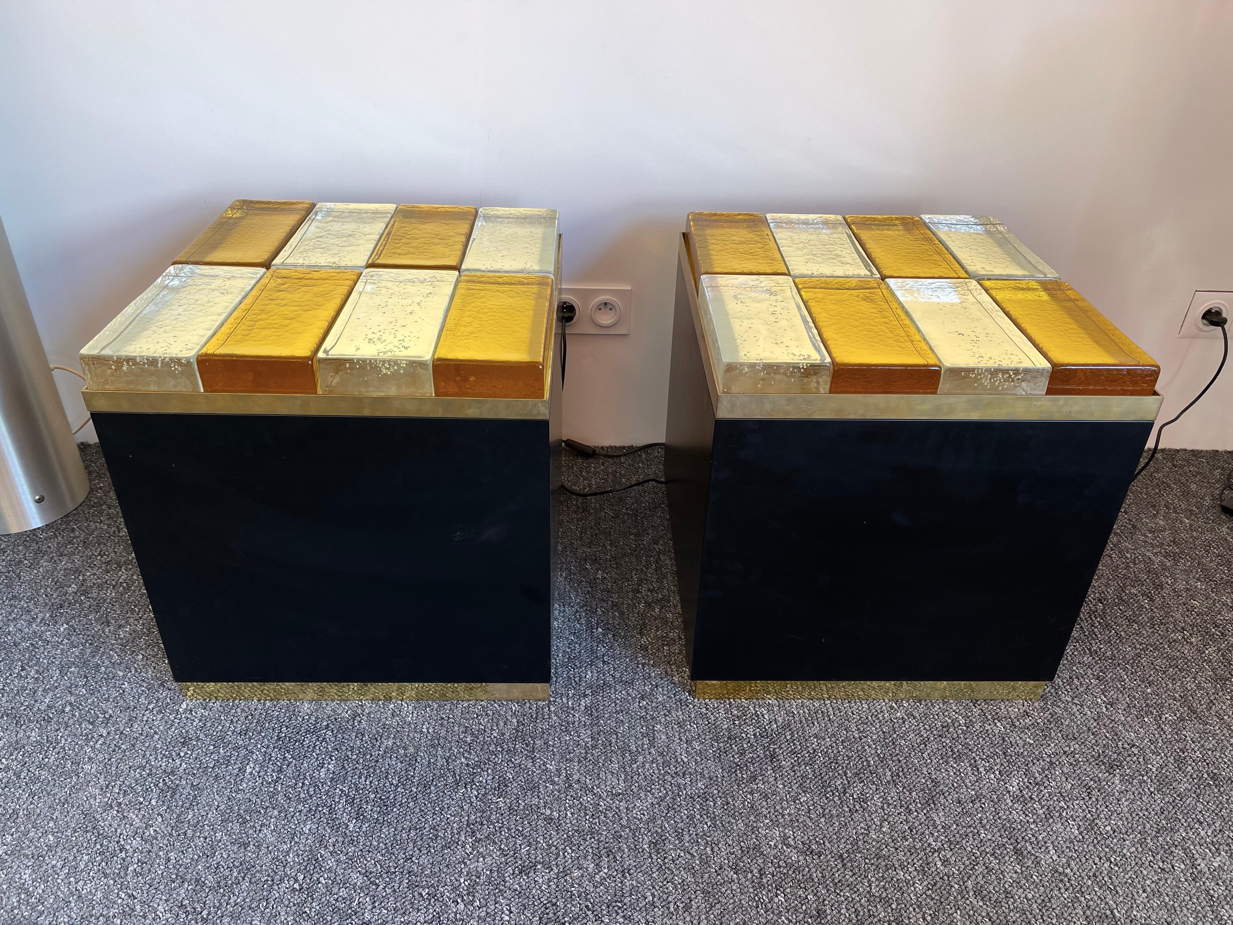 Contemporary Pair of Lightning Murano Glass Brass Side Tables, Italy 8